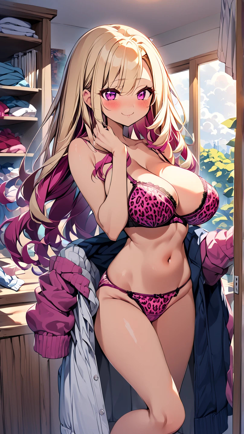 (masterpiece, best quality), 1girl, Miss, Tall, Fit, Square Face, Dark Skin, blonde Hair, pink Eyes, Straight Nose, full Lips, Receding Chin, Long Hair, Wavy Hair, gyaru hair, highlights in hair, large breasts, earrings, lipstick, gyaru, undressing panties, undressing bra, nice hips, indoors, (vibrant colors), public indecency, (undressing underwear), being watched,