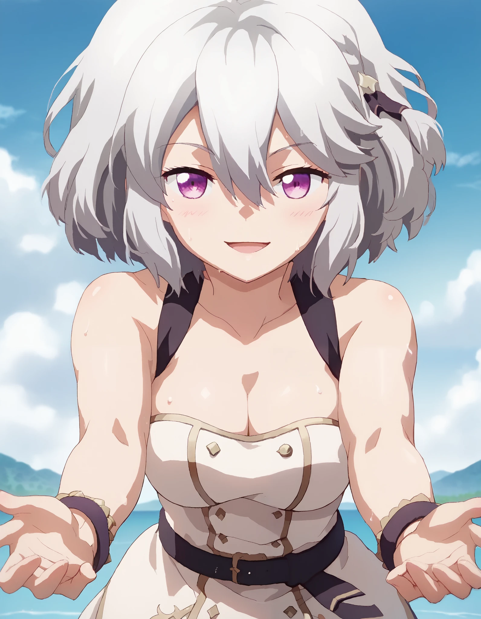 score_9,score_8_up,score_7_up,score_6_up BREAK official art, 1girl, solo, purple eyes, breast, short hair, grey hair, hair between eyes, cleavage, look at the viewer, blush, blue sky, bracelet, braid, closed mouth, cloud, cumulonimbus cloud, day, dress, jewelry, sky, solo, smile, open mouth, water, white dress, reaching towards viewer, sweat
