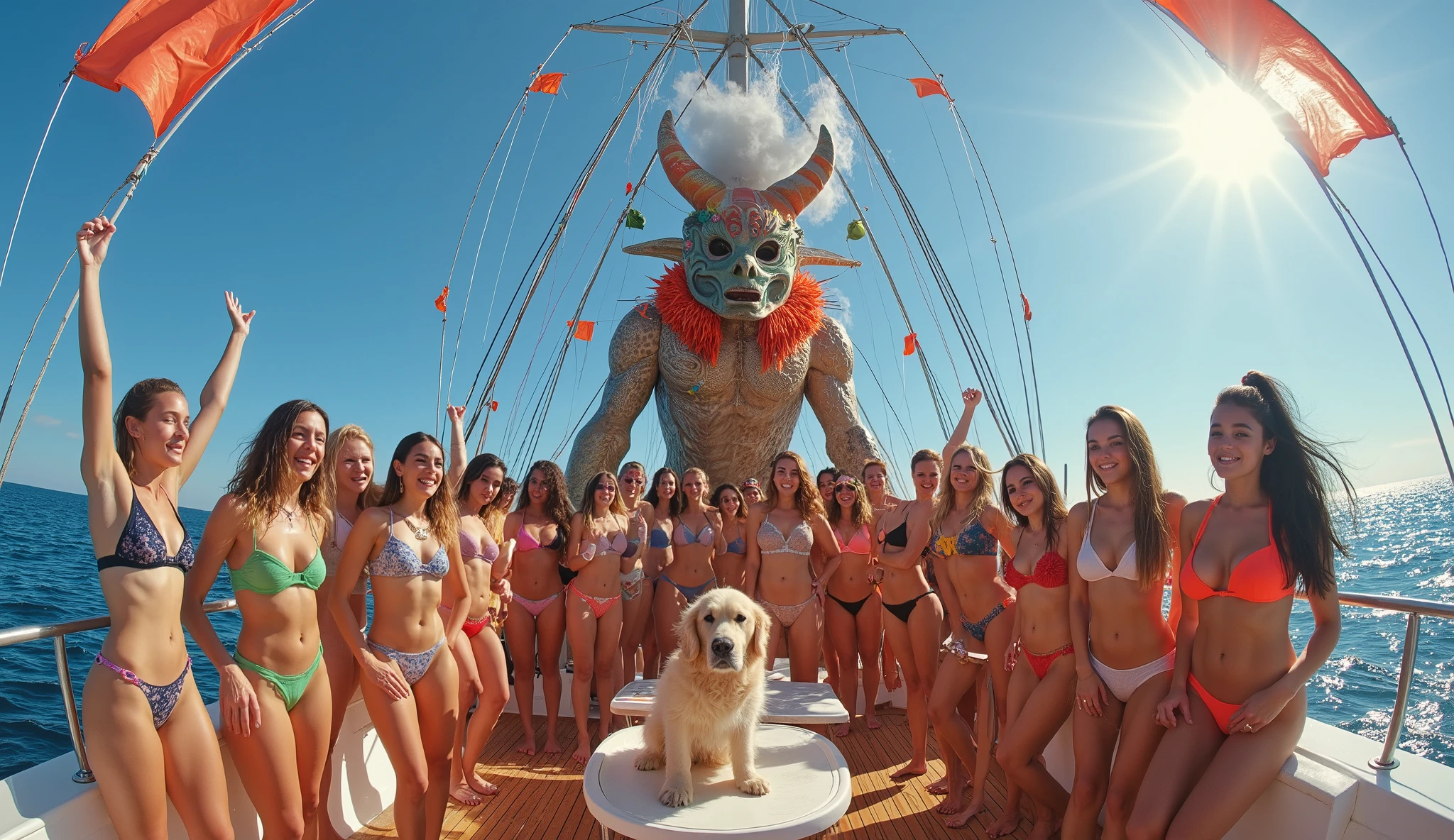 (best quality, 128k,highres,masterpiece:1.2),ultra-detailed,(realistic,photorealistic,photo-realistic:1.37), ((masterpiece)) ((photography)) ((Highest quality)) A bied eye wide angle view of A vibrant party scene on a boat surrounded by deep blue ocean waters. In the foreground, a diverse group of cheerful, young women in colorful bikinis are posing joyfully, some laughing and some giving playful poses. A friendly golden retriever sits among them, adding a playful touch to the atmosphere. In the background, a large, eye-catching  mythical creature adorned with a colorful mask stands confidently atop the boat, surrounded by billowing smoke and decorative flags fluttering in the wind. The sun shines brightly in a clear blue sky, casting a warm, festive glow over the entire scene.