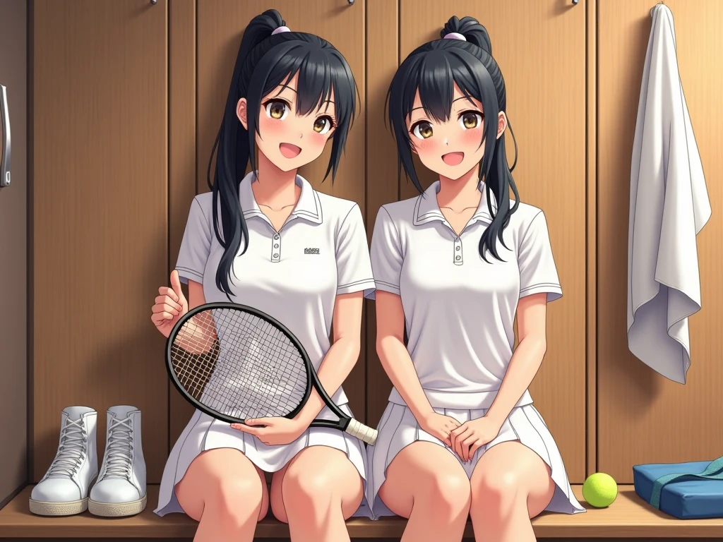 Three black-skinned futanari girls with penis wearing a tennis wear are standing up with their legs spread apart in the tennis court at night. They are bullying my ass by big penis with angry face. They has a confident and playful expression on them face. They are emphasizing their posture and the details of their uniform, which includes a short skirt, a collared shirt. The background is neutral to keep the focus on the girls and their pose. They are sweating. 