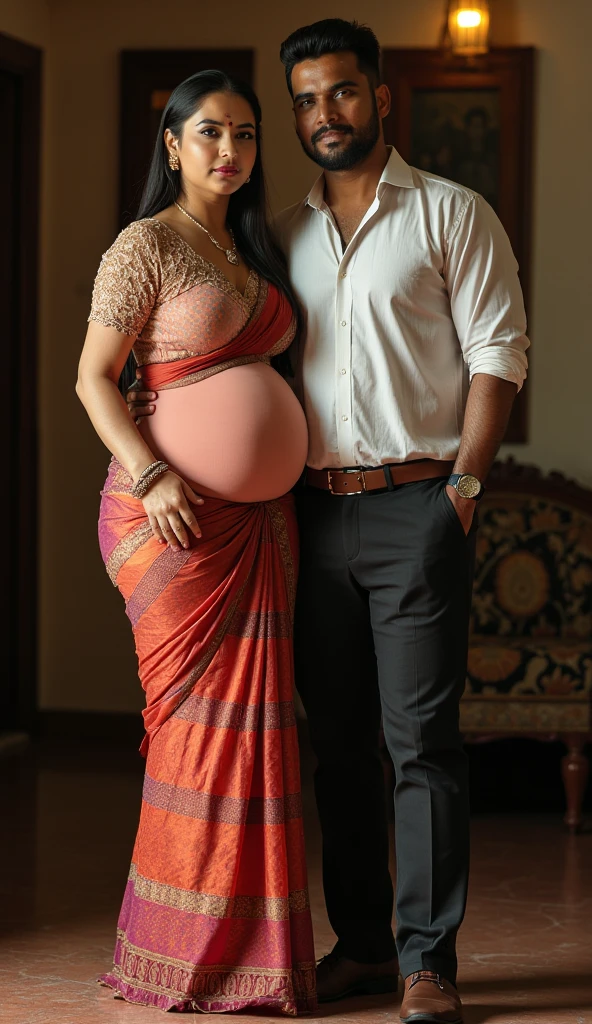 Beautiful mature Caucasian woman standing haughty and dominant in saree, showing deep navel, with thick and big thighs, He has a small, thin men in trousers and a school uniform on his knees., kissing her stomach.