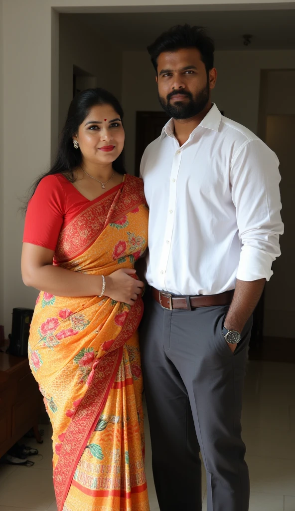 a 50-year-old shirtless man affectionately hugging and kissing aradiant, full-figured South Indian plus-sized 30 year old teacher wearing a cream silky saree in dressing room, captured in a full-body image with vibrant hues and meticulous details. Full body image