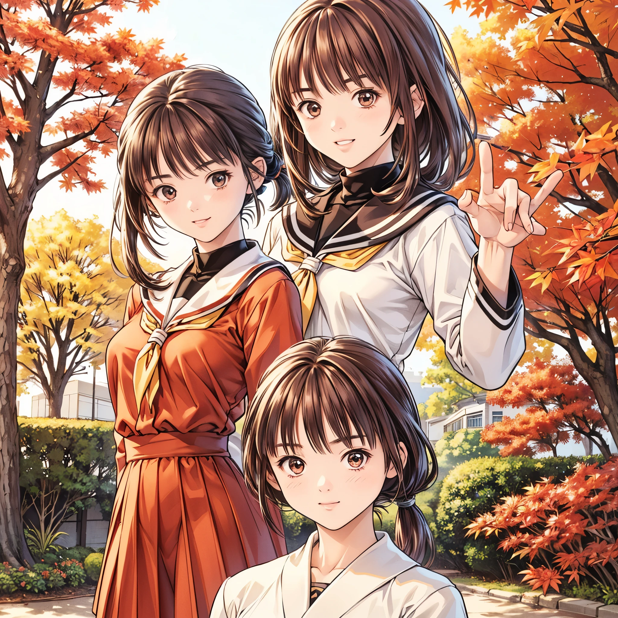 (8k、 best quality 、​masterpiece:1.2)、( realistic、 ultra-detailed 、 super A high resolution、 2 girls、(One person has silver hair 、一人は tea hair )、 beautiful detailed faces、smile、narrow、( Slim Waist ) :1.3)、autumn服、autumn  、 skin texture、 floating hair、  Professional Lighting 、 high school、 tea hair、Shy、Mikity、 romantic 、((Junior high school st、、Ponytail、 
