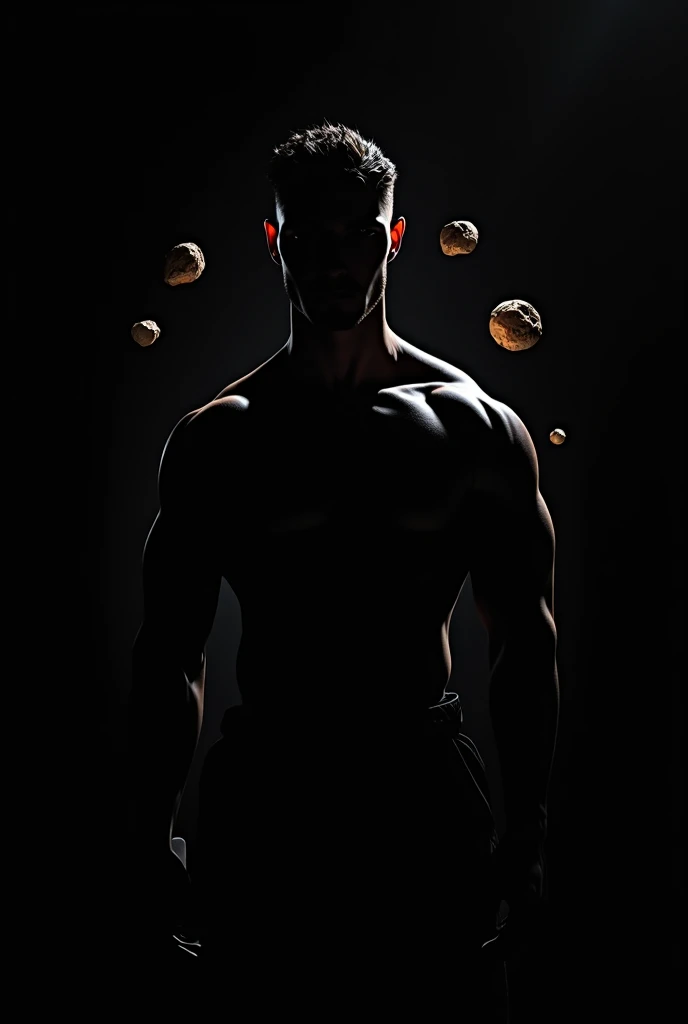 Un homme noir se fouette le dos avec un fouet devan une pomme en la regardan  