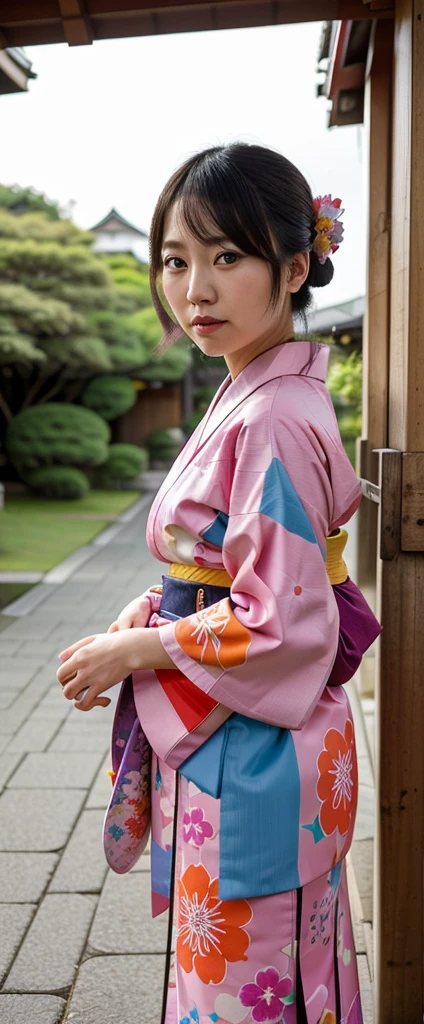 Masterpiece, Best Quality, High Resolution, Venus1, 1Girl, Solo, Tsuko Kamato, Bamboo, Gag, Hair (brown), Plaid Belt, Gag, Gag, Gradient Hair, Hair Ribbon, Haori, Japanese Clothing, Very Short Kimono, Long Hair, Looking at the Audience, Multicolored Hair, Pink Eyes, Very Short Pink Kimono, Pink Ribbon, Ribbon, Solo, (((Masterpiece)), Forehead, Sitting, Cute puffing cheeks, Angry, Eyes wide, hips very wide, thighs very thick, ultra , top less,