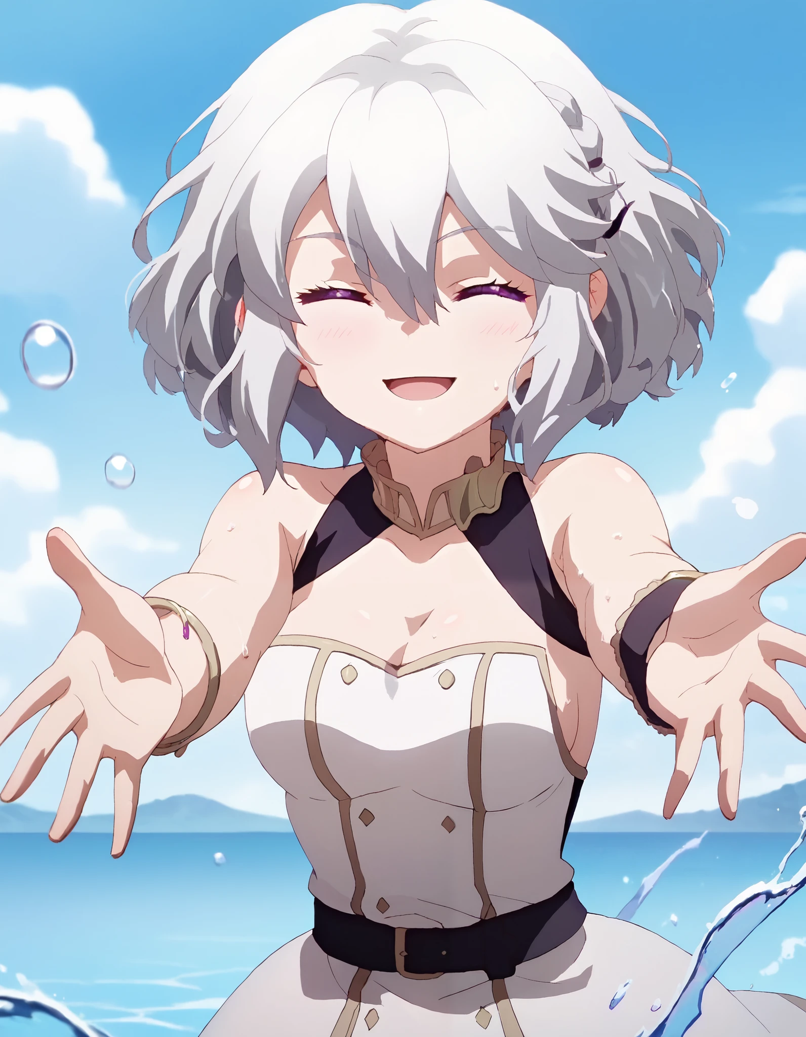 score_9,score_8_up,score_7_up,score_6_up BREAK official art, 1girl, solo, purple eyes, breast, short hair, grey hair, hair between eyes, cleavage, closed eyes, blush, blue sky, bracelet, braid, closed mouth, cloud, cumulonimbus cloud, day, dress, jewelry, sky, solo, smile, open mouth, water, splash, white dress, reaching towards viewer, sweat