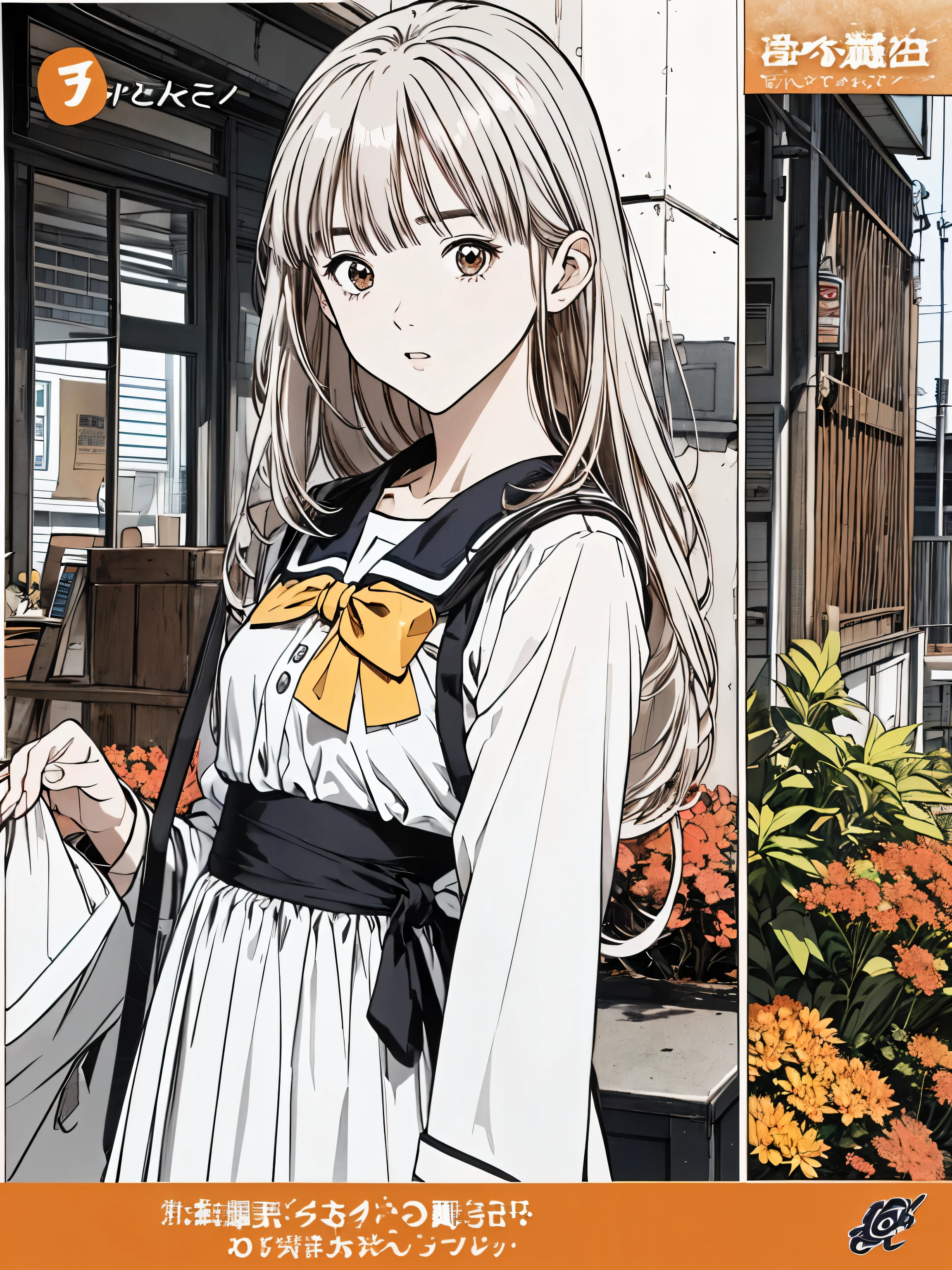 (8k、 best quality 、masterpiece:1.2)、( realistic、ultra-detailed、 super A high resolution、 1 girl、、 beautiful detailed faces、narrow、( Slim Waist ) :1.3)、autumn服、autumn 、 skin texture、Floating Hair、 Professional Writing 、服、 An anime character with glasses 、 Human body、 brown hair、(Timid、 quiet 、Junior high school students、 embarrassing)、(( An anime character with glasses る))、