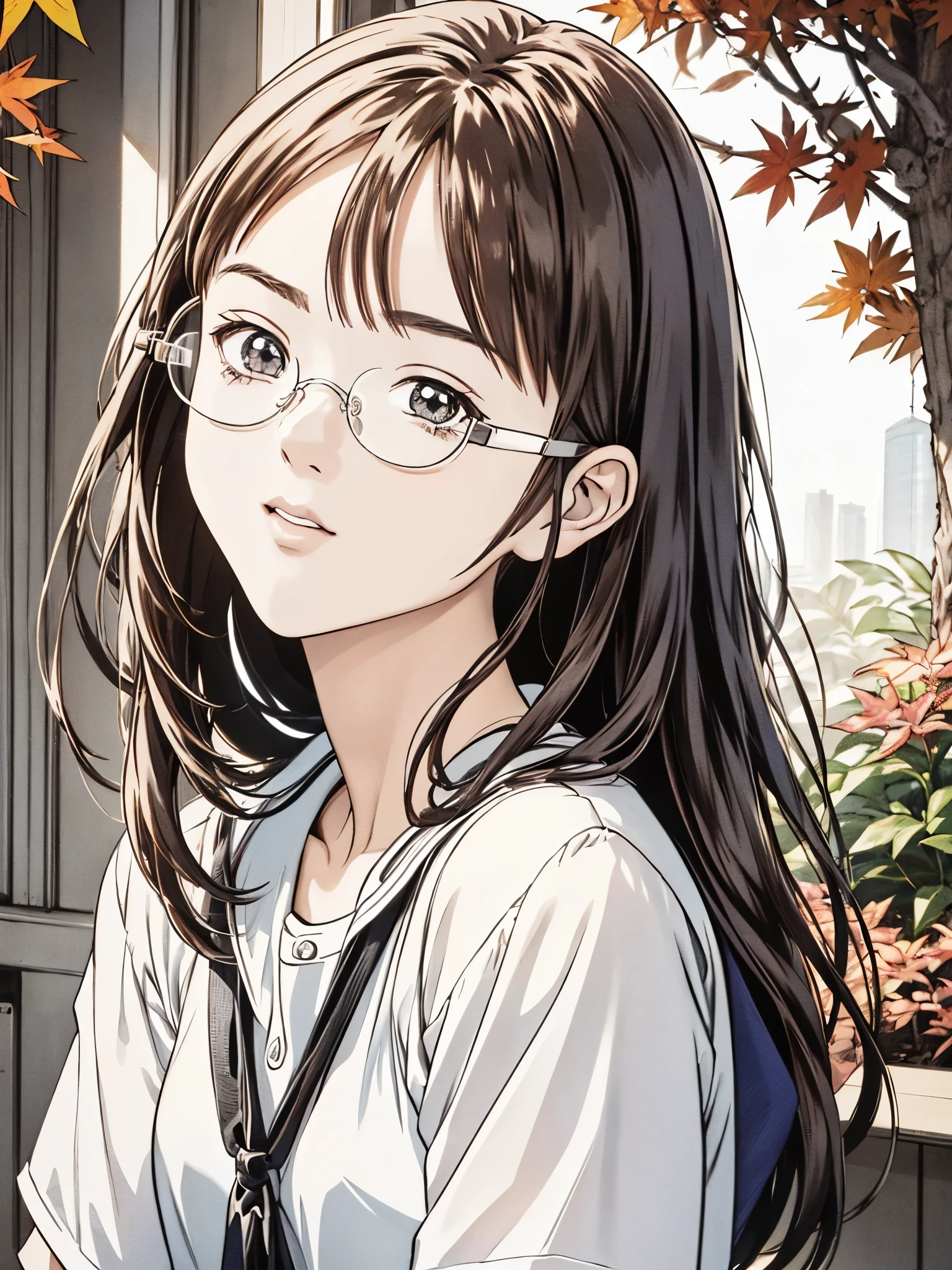 (8k、 best quality 、masterpiece:1.2)、( realistic、 ultra-detailed 、 super A high resolution、 1 girl、、 beautiful detailed faces、narrow、( Slim Waist ) :1.3)、autumn服、autumn 、 skin texture、 floating hair、 Professional Lighting 、Junior high school students服、 An anime character with glasses 、 Human body、 tea hair、(Timid、 quiet 、Junior high school students、、 Silver Hair、 short、Honey、 embarrassing)、(( An anime character with glasses る))、
