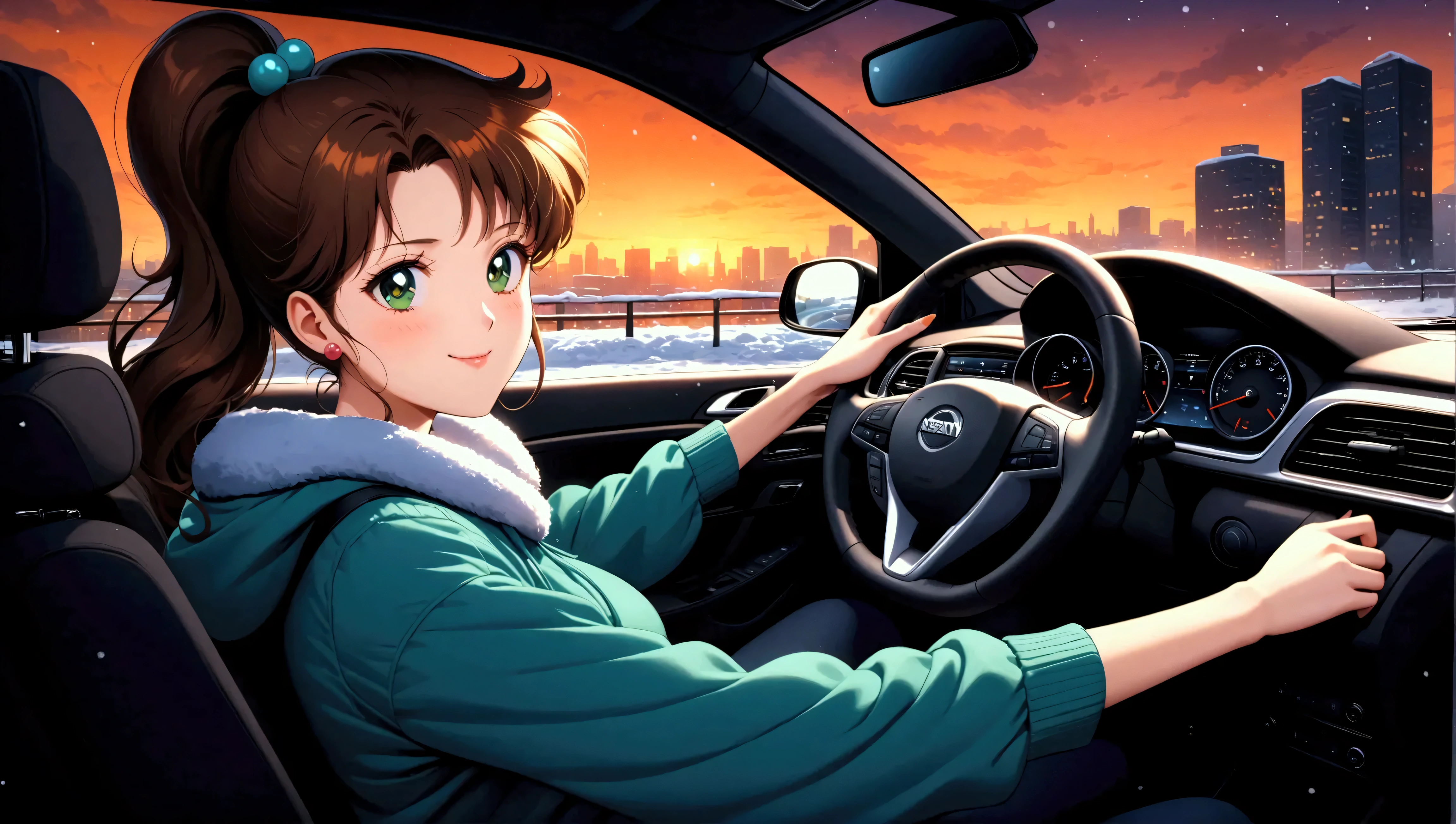 (masterpiece, best quality, very aesthetic, ultra detailed), intricate details, correct fingers, solo, woman inside a Nissan car, вид с соседнего сидения, aajupiter, green eyes, smug smile, ponytail, hair bobbles, She is wearing whitewinter clothes , green scarf, with both hands on the wheel . In the background, you can see the snowy city , at twilight, car with blue and orange skies . The focus is on her calm expression, with the cozy car interior contrasting the cold scene outside
