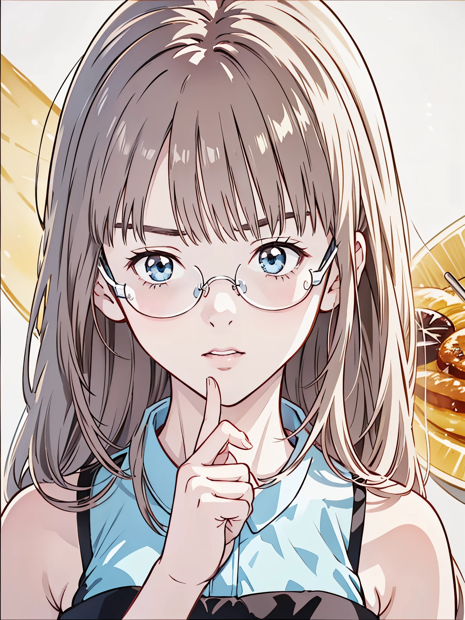 (8k、 best quality 、​masterpiece:1.2)、( realistic、 ultra-detailed 、 super A high resolution、 1 girl、、 beautiful detailed faces、narrow、( Slim Waist ) :1.3)、Autumn Clothes、  、 skin texture、 floating hair、  Professional Lighting 、服、 An anime character with glasses 、 Human body、 tea hair、(Timid、 quiet 、Junior high school students、 embarrassing)、(( An anime character with glasses る))、 finger on pho 、Hokkaido、Sapporo、Relatives and friends、