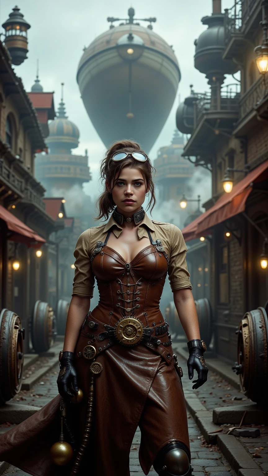 parade, steampunk, army marching, crowd, sunset, realistic, epic, hd, pov, background: parade, steampunk city, airships