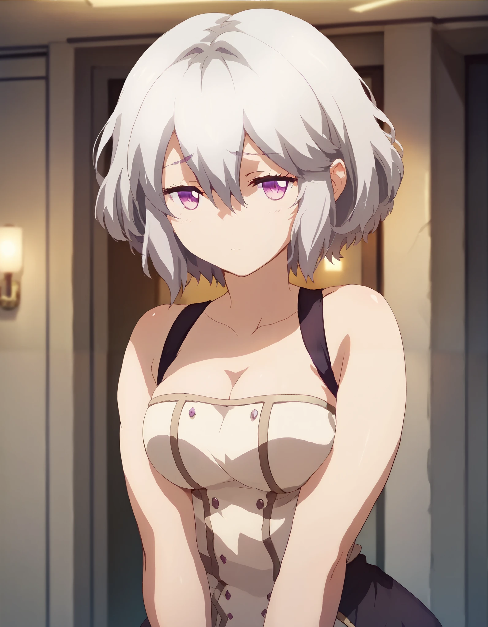 score_9,score_8_up,score_7_up,score_6_up BREAK official art, 1girl, solo, purple eyes, breast, short hair, grey hair, hair between eyes, cleavage, indoors, room, shy look, looking at viewer, standing