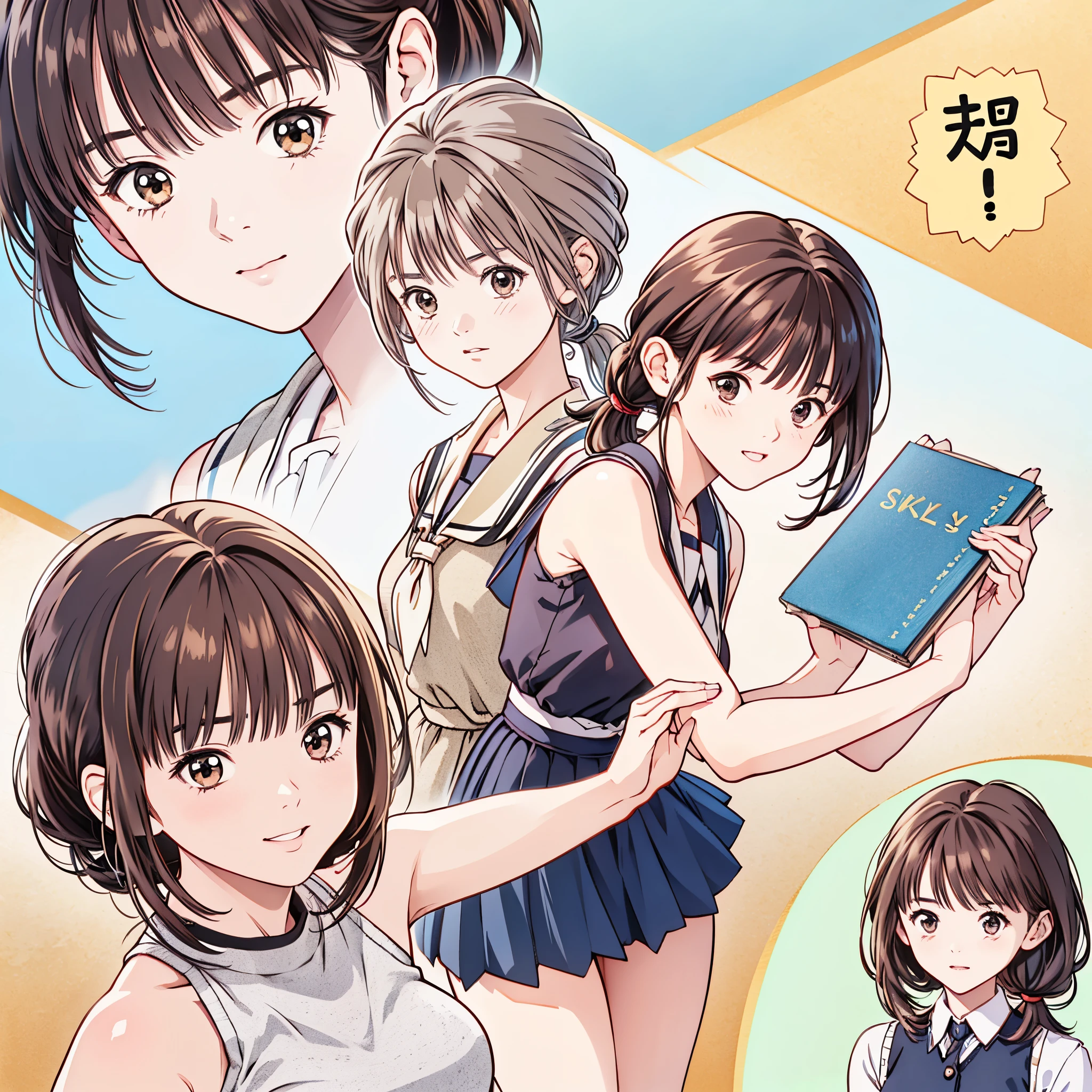 (8k、 best quality 、​masterpiece:1.2)、( realistic、 ultra-detailed 、 super A high resolution、 2 girls、(One person has silver hair 、一人は tea hair )、 beautiful detailed faces、smile、narrow、( Slim Waist ) :1.3)、summer服、summer、Hokkaido  、 skin texture、 floating hair、  Professional Lighting 、 high school、 tea hair、Shy、Mikity、 romantic 、((Junior high school st、、Ponytail、 