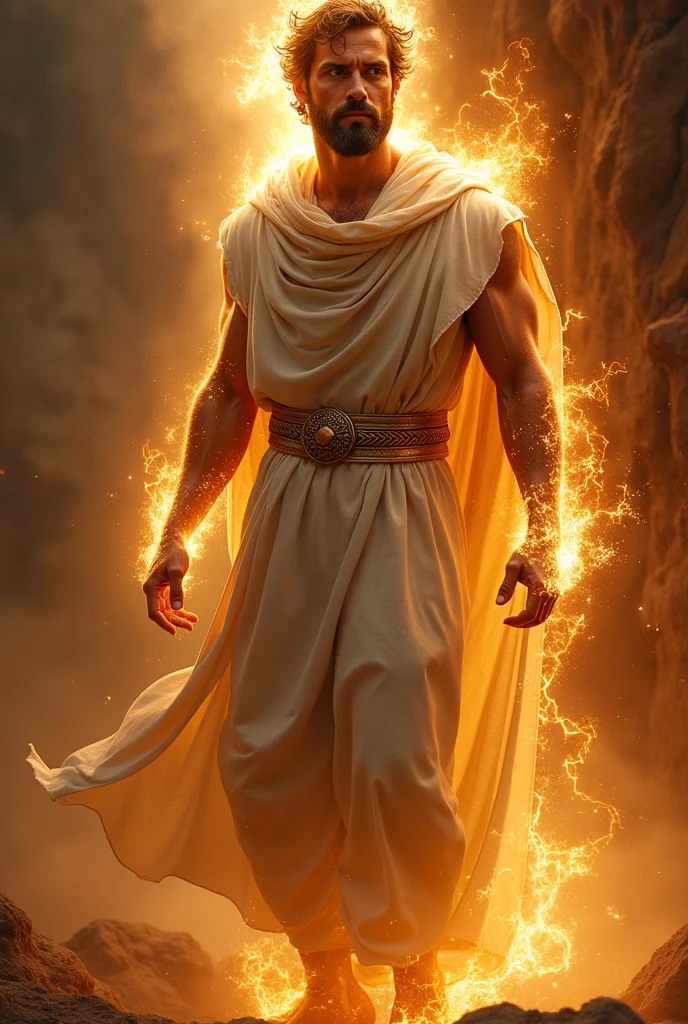 A young Roman who takes the power of Zeus and shouts and takes on a god-like face and looks down with dark scary eyes.