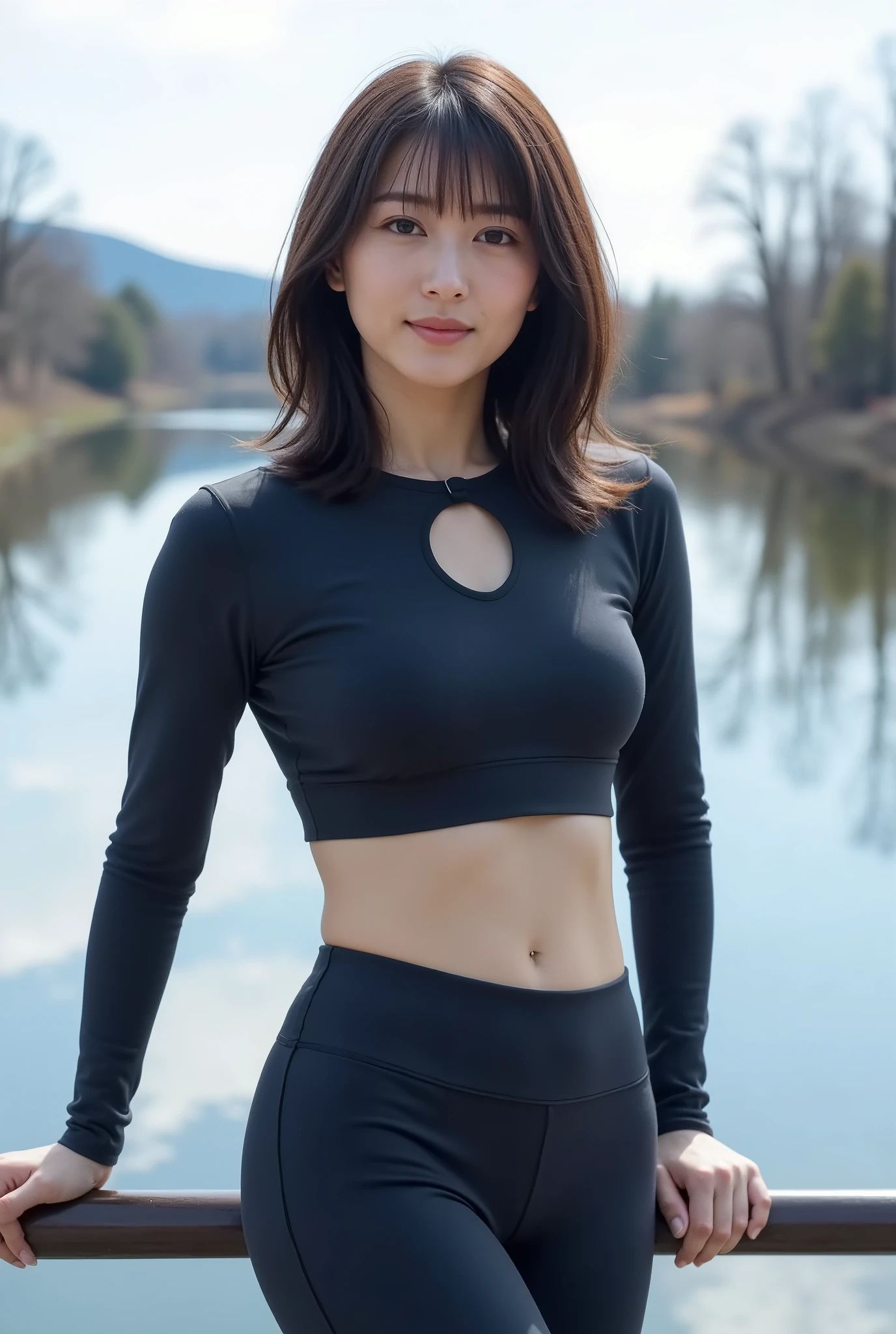  A 28-year-old Japanese woman stands on a bridge over the riverside 、 staring at camera 。 long-sleeved active top and sports leggings with excellent fit、 beautifully accentuate her toned figure 。 I naturally place my arms next to my body 、While leaning lightly, 、 I'm looking at the camera with a gentle expression 。In the background、 the blue sky and trees reflected on the quiet surface of the river 々Spreading、While feeling the pleasant tranquility of the surrounding nature、 over a man