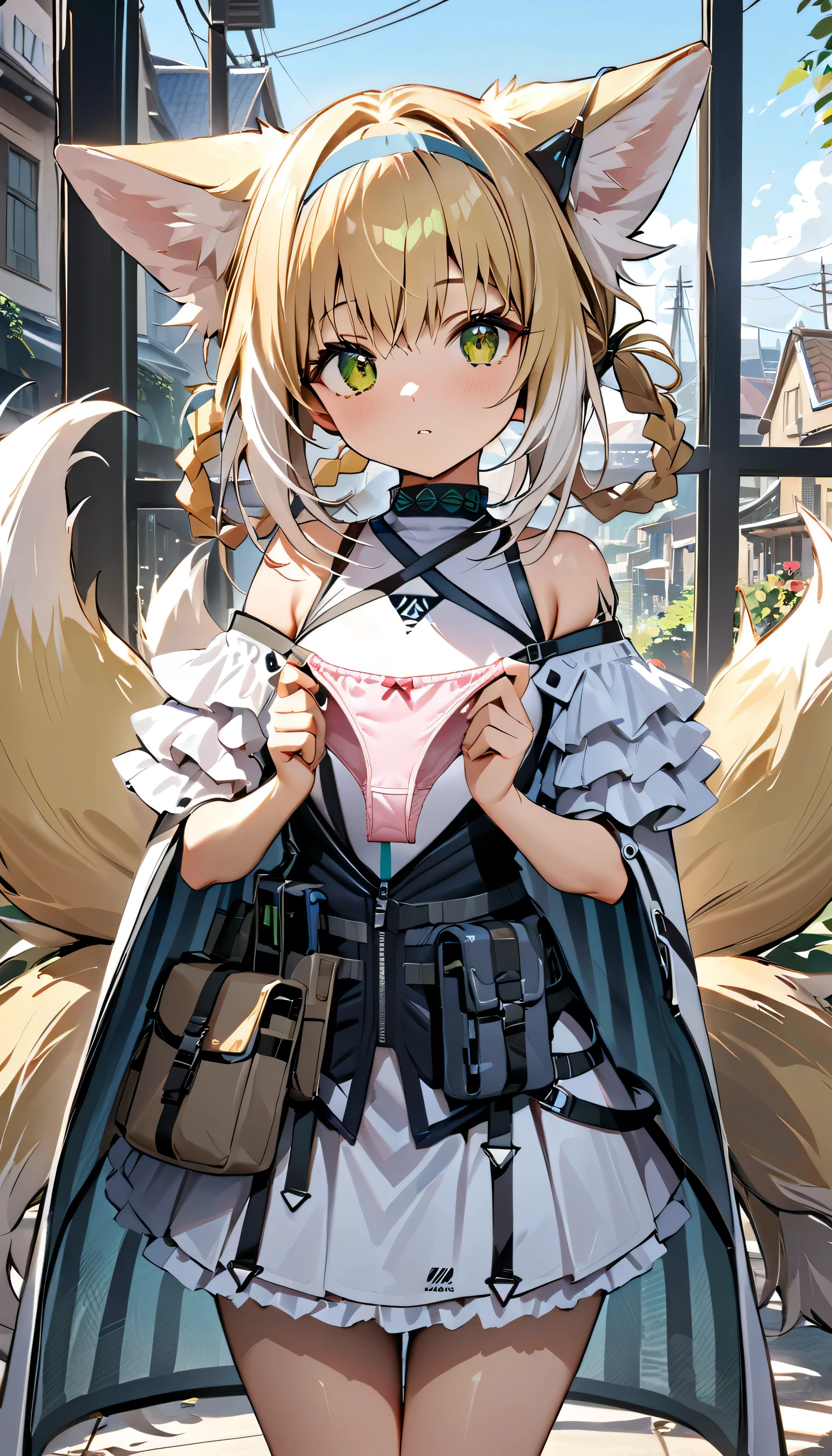 1 girl (suzuran_arknights),(Best Picture Quality, 8K, Masterpiece:1.3), high school student:1.5, (blonde lob hair:1.1), animal ears, animal ear fluff, blonde hair, green eyes, tails, multiple tails, youthful face, standard weight,small breasts, glistening skin:1.1,pale skin:1.2, Holding panties in hands (lace pink panties), holds out panties to the viewer, looking at viewer,  Long pleated skirt, Knee-length skirt