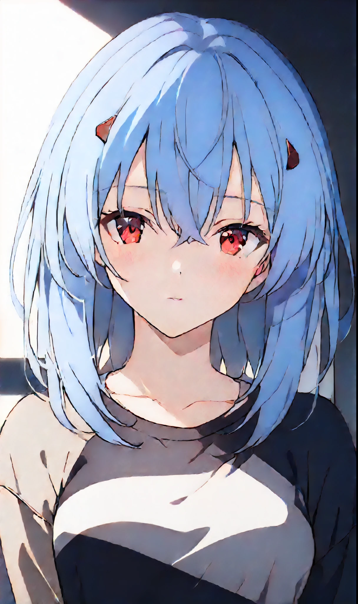 Rei Ayanami, 1girl, solo, detailed face, perfect face, blue hair, red eyes, anime-style, soft lighting, beautiful and symmetrical face, accurate anatomy, casual outfit, ultra-detailed, masterpiece, high-resolution
