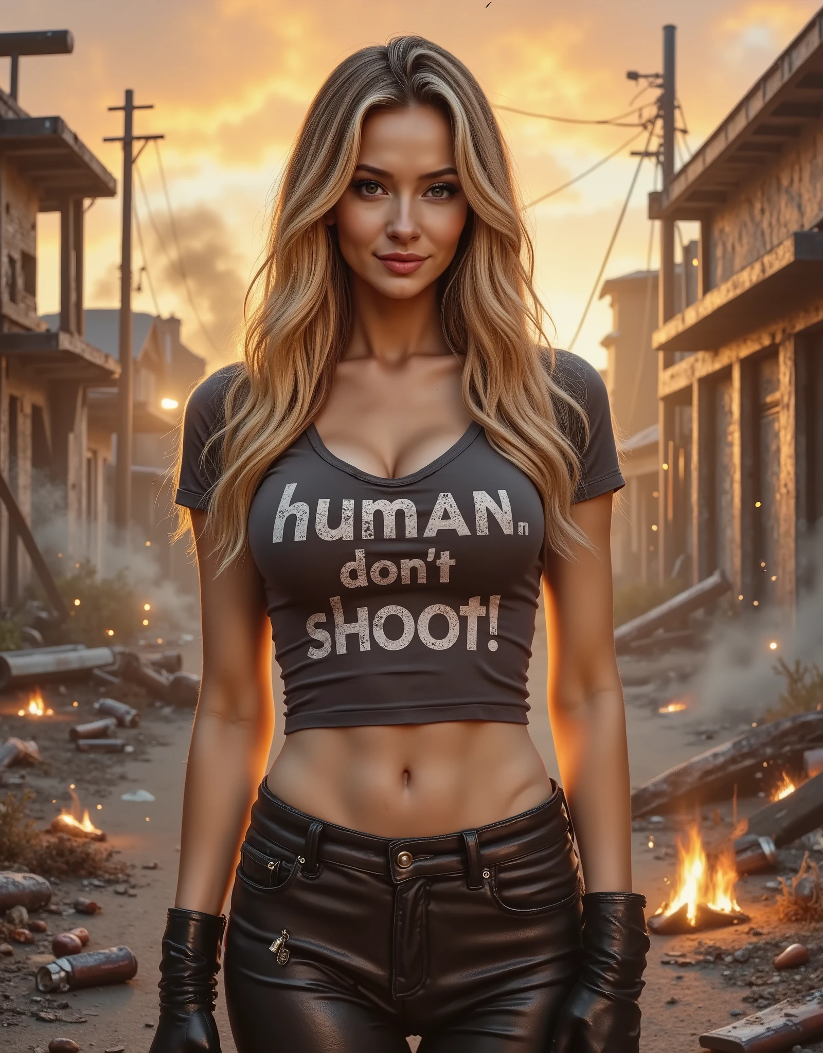 woman, blonde hair, vintage t-shirt with the text "Human. Don't Shoot!", leather pants, looking directly at the viewer, no people, tan athletic body, neutral expression, looking at something in the distance, pointing, carrying an assault rifle that is pointed at the ground, rubble all around, burned out buildings and vehicles, post-apocalyptic, sunset, godrays, smoldering ruins, sparks, smoking ruble, burning debris, spend shell casings on the floor, backlit highlight glow