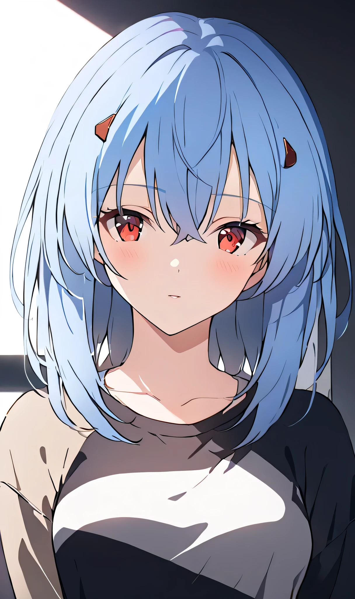 Rei Ayanami, 1girl, solo, detailed face, perfect face, blue hair, red eyes, anime-style, soft lighting, beautiful and symmetrical face, accurate anatomy, casual outfit, ultra-detailed, masterpiece, high-resolution