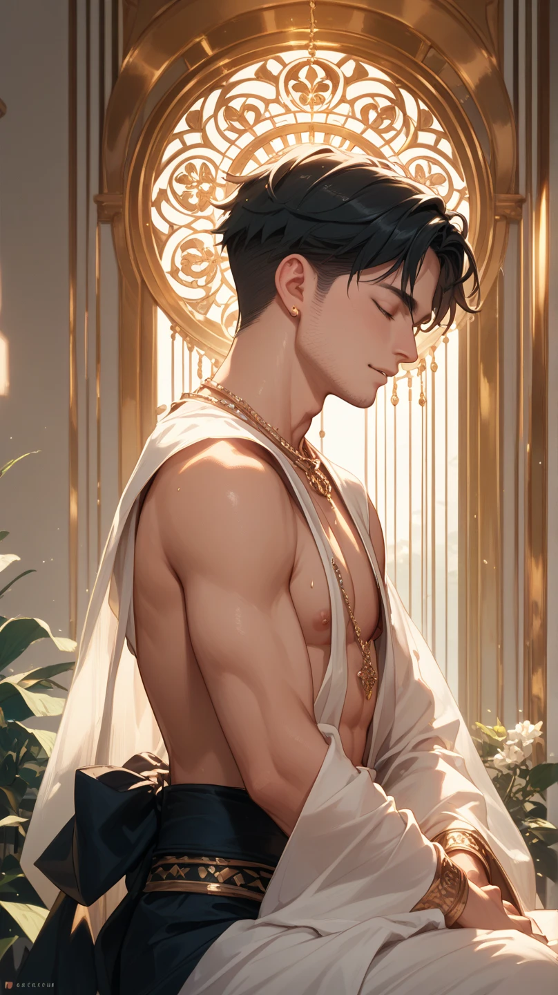 Man 2, 29 years old,shirtless, ((Highest quality, Masterpiece, 4K, exquisite details, Detailed eyes, detailed face, complicated details, Jelburu, Pixieve)), warm light, Idol, super Idol, super model ((alone)), 2 Men, (handsome, I&#39;m a man., mature man, Broad shoulders), ((black hair, messy hair, long hair, smooth)), white skin, Sharp features, (Medieval clothing, Large clothing)), ((sharp eyes, Green eyes, A sadistic smile, looking at the audience)), Flower Background, day