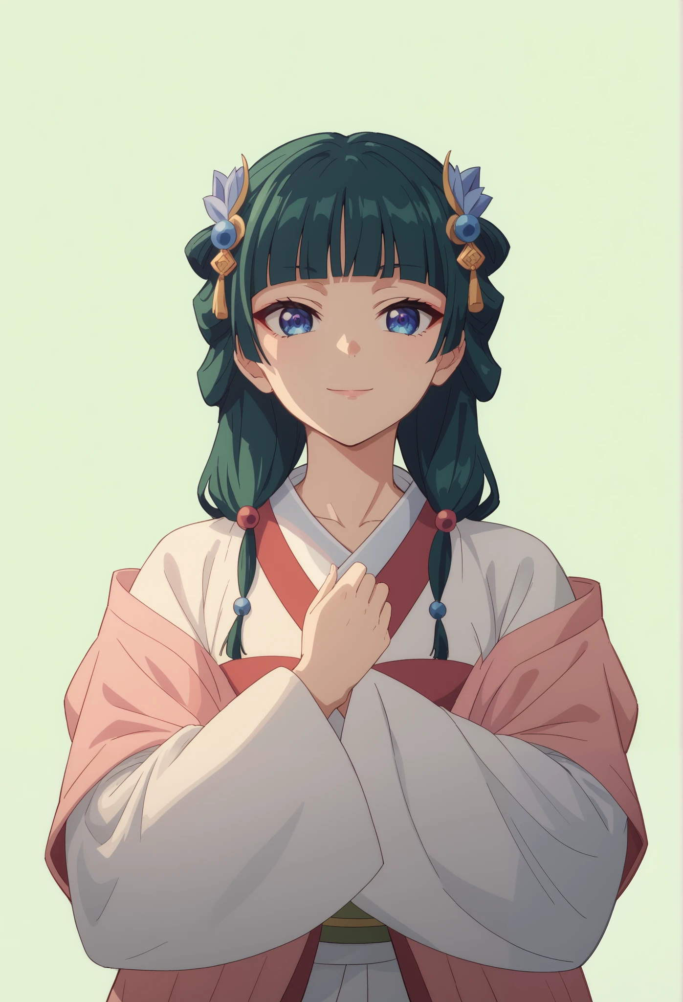 anime girl with blue eyes and green hair in a kimono outfit, anime girl with teal hair, maomao, long hair, bangs, blue eyes, hair ornament, green hair, blunt bangs, japanese clothes, robe, long sleeves, wide sleeves, light smiling, looking at viewer, colorful,
