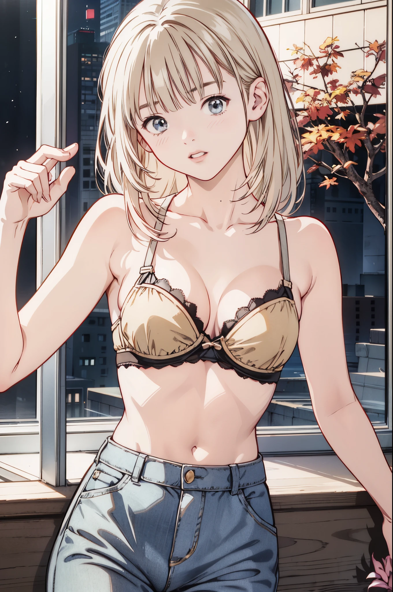 (8k、 best quality 、​masterpiece:1.2)、( realistic、 super detailed 、 super A high resolution、 boys、 boy、、、 beautifully detailed face 、narrow、( Slim Waist ) :1.3)、Autumn Clothes、  beautiful detail skin that shows the bra line 、 skin texture、 floating hair 、 professional lighting、Hokkaido、 black-rimmed square glasses with a holy sword pattern 、 Human body、 Silver Hair、