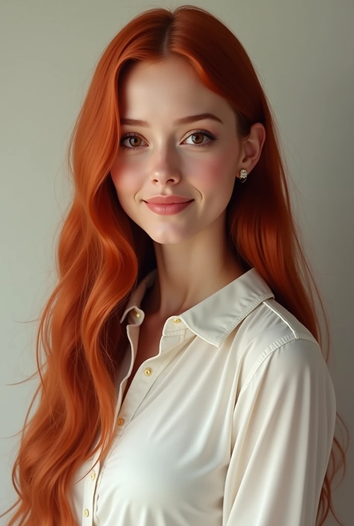 A orange-hair realistic girl with a white shirt with a tag written INFLUX