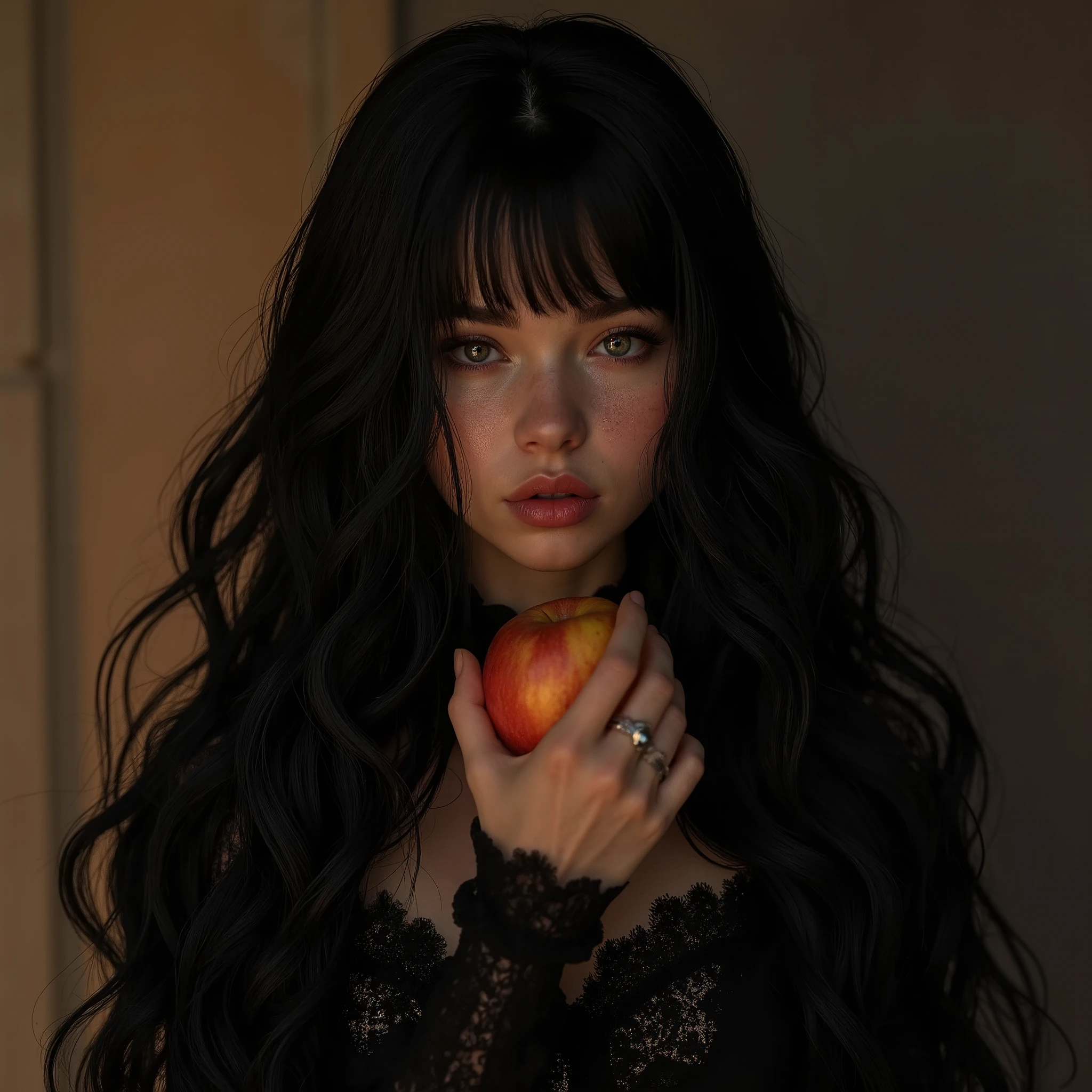 (( RAW photo), absurdo, ( absurd resolution)),  masterpiece,  envelopes, (Fondo de pantalla CG de unidad 8k extremadamente detallado), ( best illustration), ( best shade),  realistic lighting , brillo detallado y hermoso, (( 21 years old)), chica,  long black hair, black queen,  accessories, manzana en la mano, poisoned apples, witch queen,  partially nude red lipstick , (((Perspectiva fotográfica de ella)))
