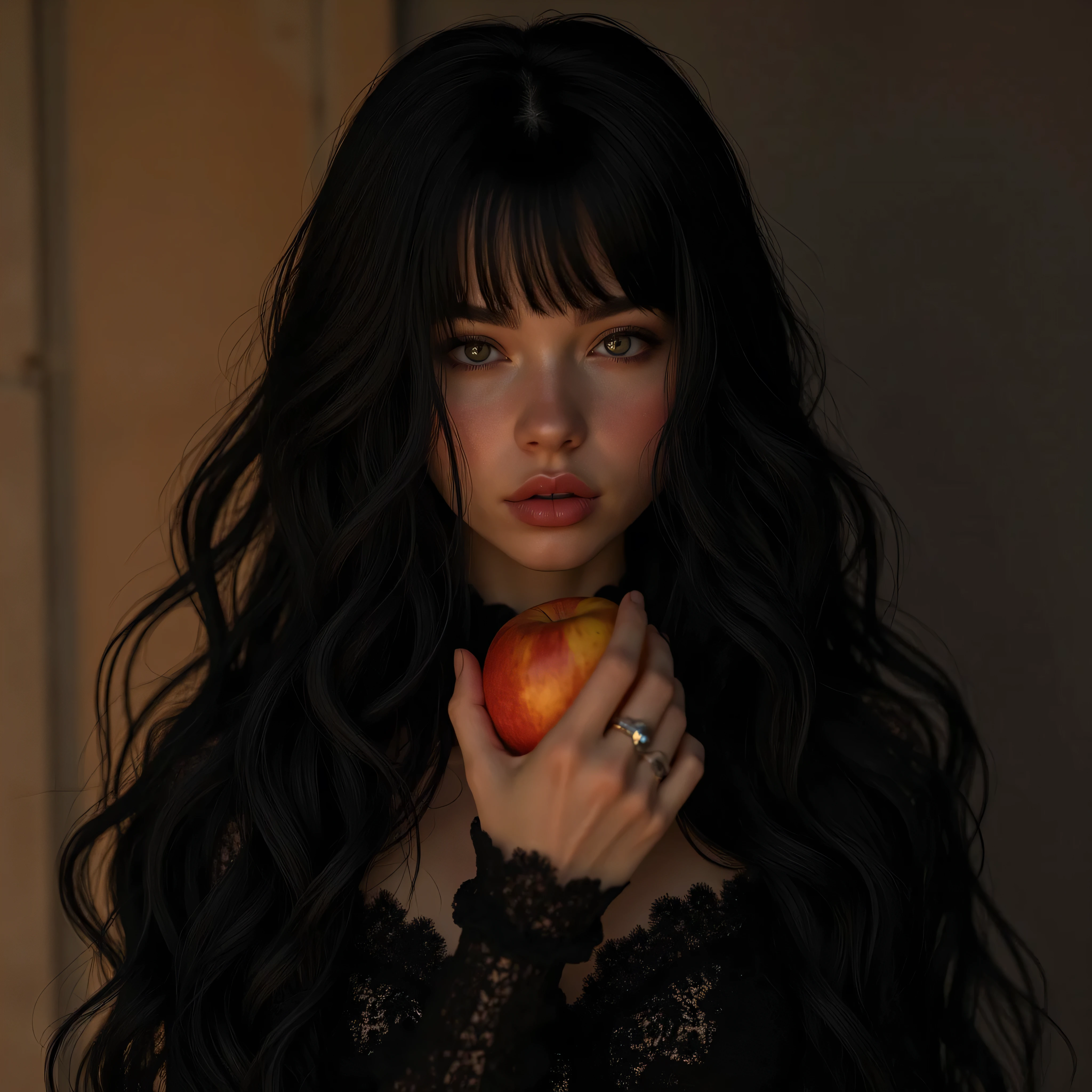 (( RAW photo), absurdo, ( absurd resolution)),  masterpiece,  envelopes, (Fondo de pantalla CG de unidad 8k extremadamente detallado), ( best illustration), ( best shade),  realistic lighting , brillo detallado y hermoso, (( 21 years old)), chica,  long black hair, black queen,  accessories, manzana en la mano, poisoned apples, witch queen,  partially nude red lipstick , (((Perspectiva fotográfica de ella)))