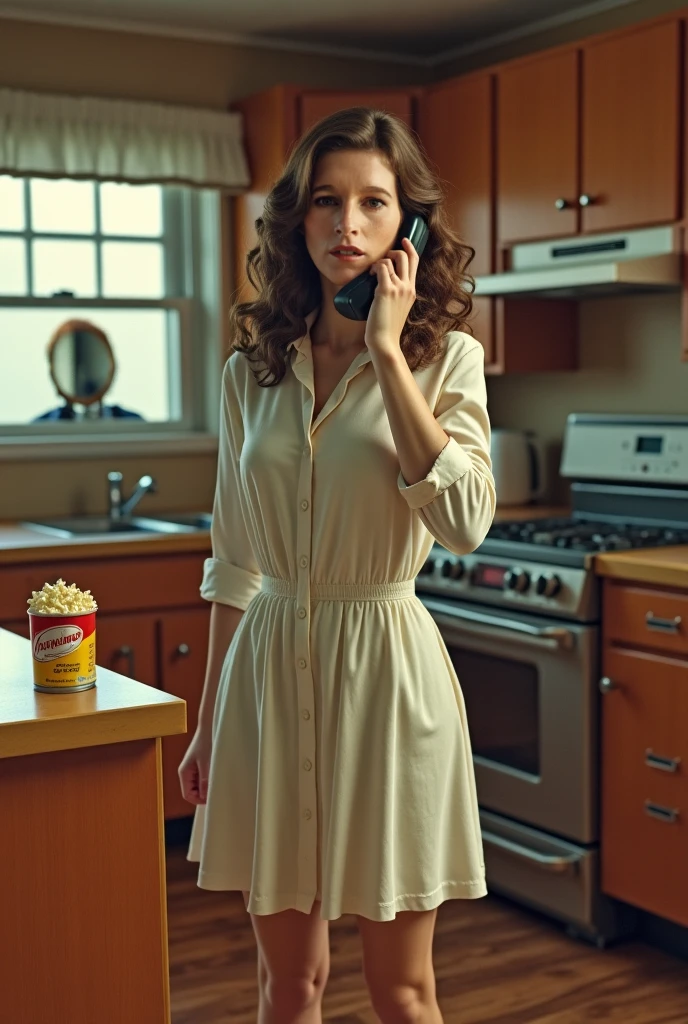john carpenters halloween 1978 movie on set nancy kyes as Annie Brackett in a long white button down shirt and yellow socks on the telephone in the kitchen