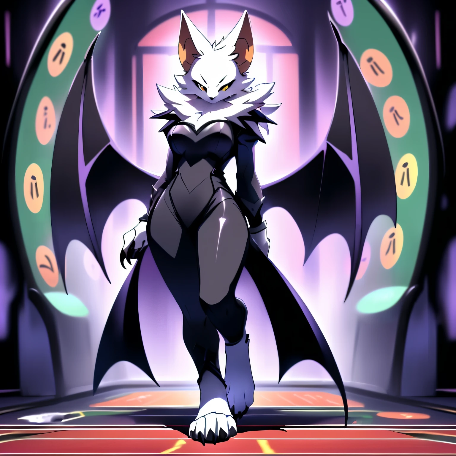 Anime, anime style, ((single person:2)), ((solo drawing:2)), ((solo:2)), ((three-quarter view)), ((Looking to the side)), ((female Anthro bat)), ((Tall figure)), ((buxom figure)), ((short white fur)), clawed hands, ((clawed paws)), ((Single Pair of Wings)), ((Huge Bat Wings)), ((Purple and black Bat Wings)), ((white bat ears)), ((wearing an intimidating outfit)), ((white face)), ((neutral expression)), vivid golden eyes, ((digitigrade legs)), ((digitigrade feet)), ((walking through a dark casino)), highly detailed anime style, clean lines, white face, short white muzzle, white furry cheeks, white furry muzzle, ((white foot paws)), ((foot paws with four toes)), ((Claws on paws))