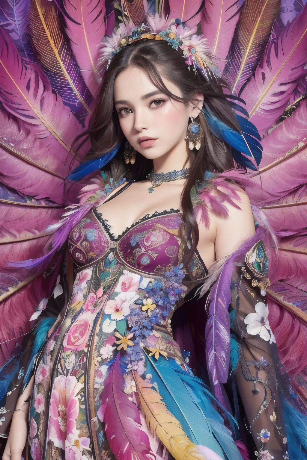 (masterpiece, top quality, best quality, official art, beautiful and aesthetic:1.2), (1girl:1.3), extremely detailed,(fractal art:1.1),(colorful:1.1)(flowers:1.3),highest detailed,(zentangle:1.2), full body, (abstract background:1.3), (shiny skin), (many colors:1.4), ,(earrings), (feathers lingerie:1.5),