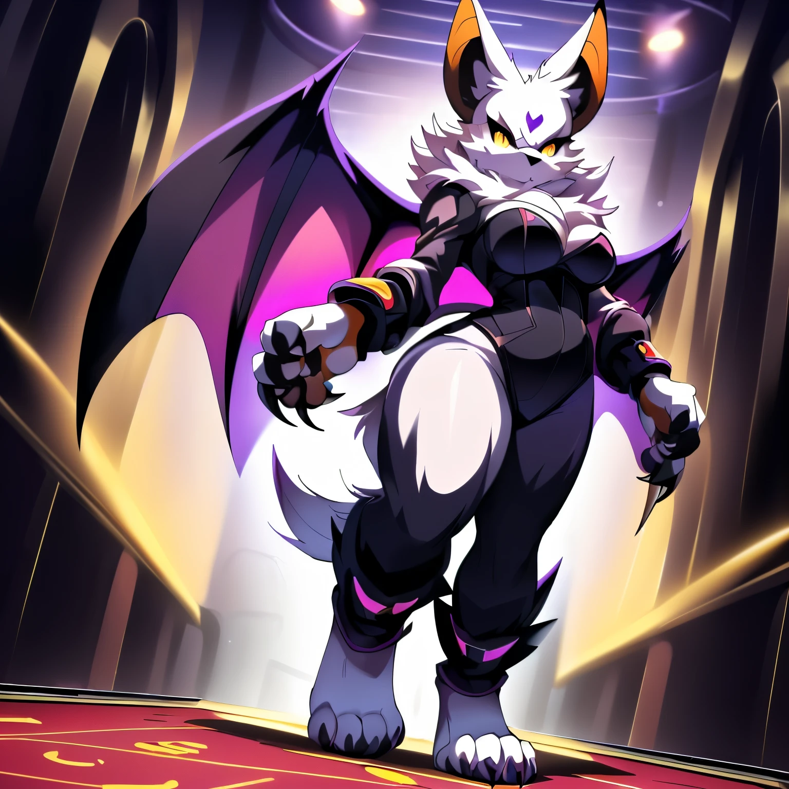 Anime, anime style, ((single person:2)), ((solo drawing:2)), ((solo:2)), ((three-quarter view)), ((Looking to the side)), ((female Anthro bat)), ((Tall figure)), ((buxom figure)), ((short white fur)), clawed hands, ((clawed paws)), ((Single Pair of Wings)), ((Huge Bat Wings)), ((Purple and black Bat Wings)), ((white bat ears)), ((wearing an intimidating outfit)), ((white face)), ((neutral expression)), vivid golden eyes, ((digitigrade legs)), ((digitigrade feet)), ((walking through a dark casino)), highly detailed anime style, clean lines, white face, short white muzzle, white furry cheeks, white furry muzzle, ((white foot paws)), ((foot paws with four toes)), ((Claws on paws))