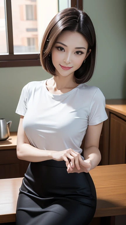 Very detailed CG Unity 8k 壁紙, Highest quality, Very detailed, masterpiece, Realistic, Photo realistic, Very detailed美しい女の子, Age 25 , （office lady）,  smile , Round eyes, Small breasts , The audience is, Half Body Shot  , kitchen ,  breakfast ,  ponytail　hamburger