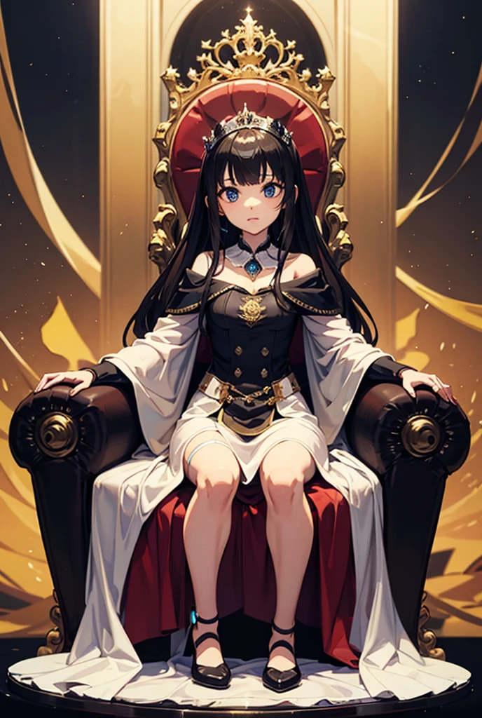 Black haired woman sitting on a throne with go jo satoru