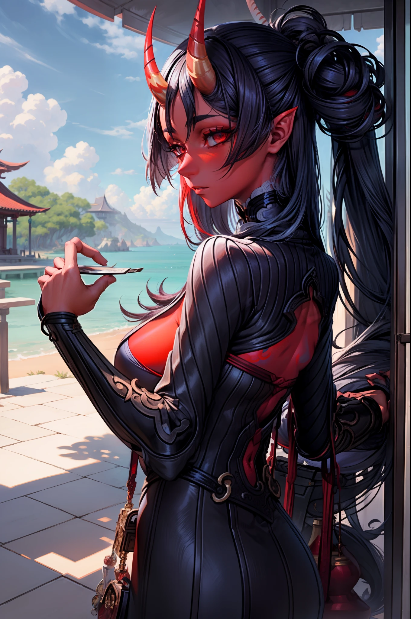 A woman, detailed hair,ember,white backgrounid,Gray tones。Masterpiece, Best quality, ultra-high resolution, Beautiful, Visually stunning, elegant , incredibily detailed, Award-winning art, 0n1, Red skin, oni horns, their, Red them, Colored skin,