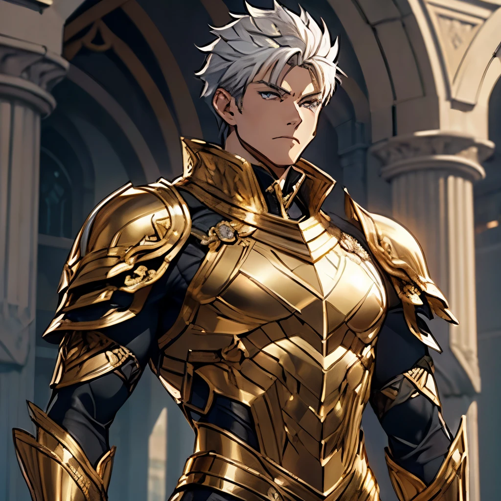 A grown man alone. muscular. short silver hair. Light fighting armor in gold,  with . Impressive haughty look.  bright blue eyes .  detailed eyes .  disciplined . athletic.  full body costume.  stately posture . mature face 