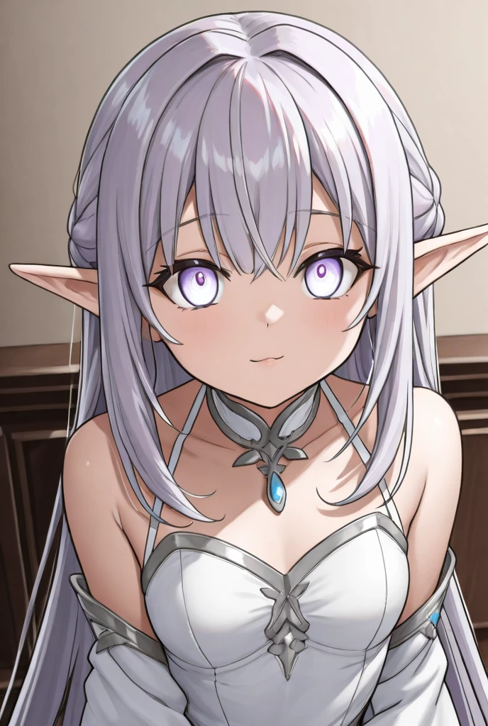 masterpiece,best quality
indoors, 1girl, solo, long_hair, breasts, looking_at_viewer, bangs, hair_ornament, white_background, dress, ribbon, cleavage, bare_shoulders, medium_breasts, purple_eyes, hair_ribbon, upper_body, braid, flower, white_hair, pointy_ears, hair_flower, blunt_bangs, x_hair_ornament, white_flower, elf, gem, crown_braid