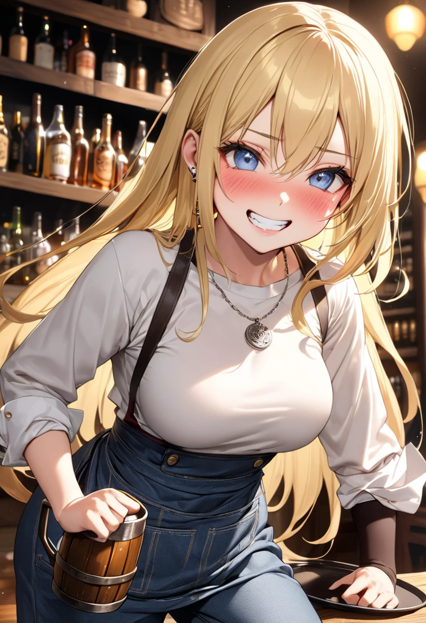 a beautiful detailed girl in a rustic tavern, fighting with a wild delirious expression, long straight blonde hair, holding a glass of whiskey, sensual romantic portrait, (best quality,4k,8k,highres,masterpiece:1.2),ultra-detailed,(realistic,photorealistic,photo-realistic:1.37),vibrant colors, dramatic lighting, cinematic composition