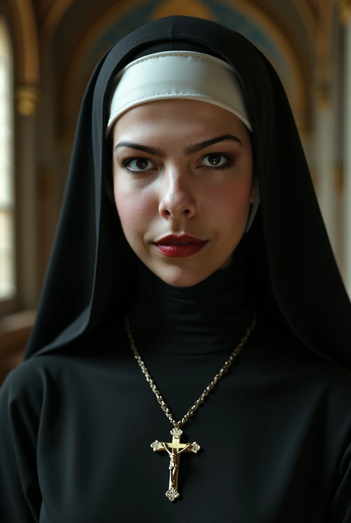 (masterpiece:1.4), (59-year-old woman:1.5),(Facial wrinkles : 1.2), (smirking : 1.1), (seductive : 1.1),( :1.1), pores, dull skin, skin blemishes, motherly mature woman, (long beautiful hair : 1), large saggy , (dressed as a catholic nun), (black and white clothes), (long dress with deep slit : 1), detailed backgrounds, (gloomy church), (dim atmosphere), rosary, cross, dark lighting