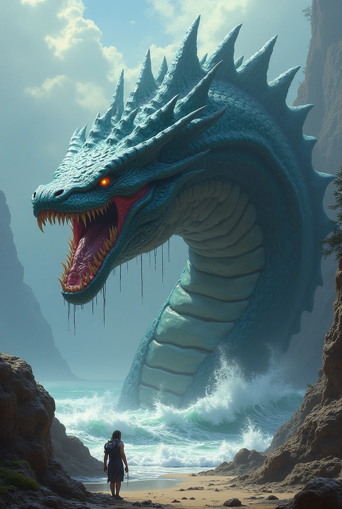 Leviathan,a giant colossal and primordial sea serpent,blue color like the black ocean and with scary and macabre eyes,the huge serpent has its head emerging from the water looking at the viewer
