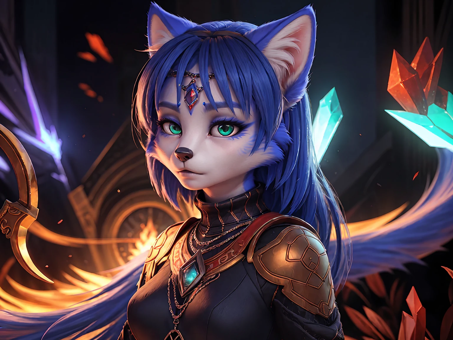 A beautiful and detailed (sweet picture) wa ((krystal)), Star Fox krystal, sslim, lovable, green eyes, medium breasts, (((Long blue hair 1.3))), Decollete, anthro, furry, Uploaded E621, detailed fluffy fur, (wa Fluff-Kevlar, Bayard Wu, Pino Daeni), detailed face, (fluffy), 1 girl, alone, sweet girl, (((hole body))), black highlights, black eyeliner, black mascara), wear sexy gothic clothes, hochper body shot, winks, Grinning