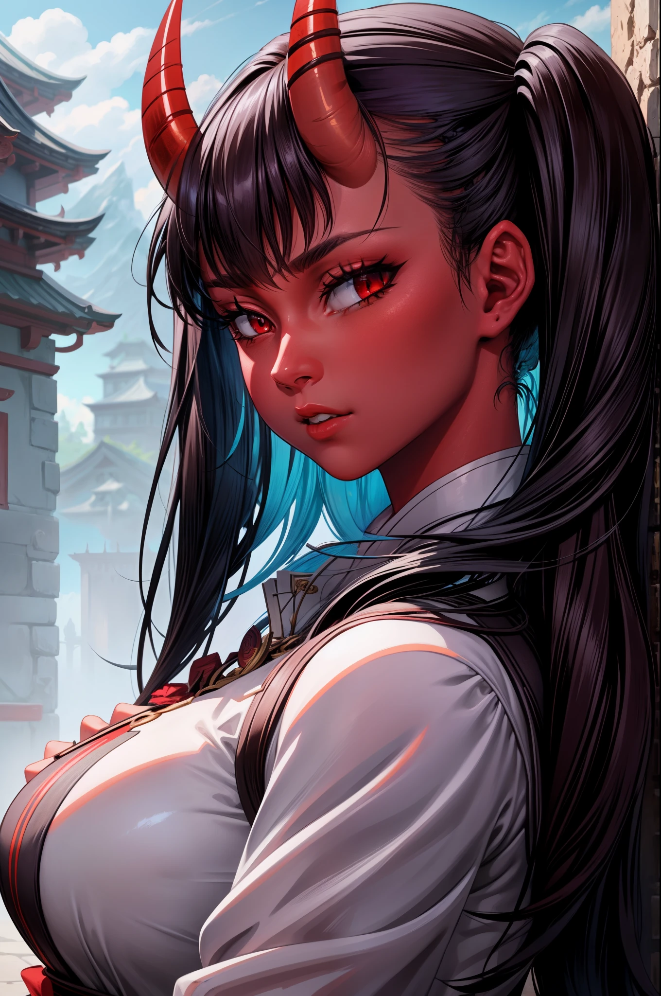A woman, detailed hair，ember，white backgrounid，Gray tones。Masterpiece, Best quality, ultra-high resolution, Beautiful, Visually stunning, elegant , incredibily detailed, Award-winning art, 0n1, Red skin, oni horns, their, Red them, Colored skin,
