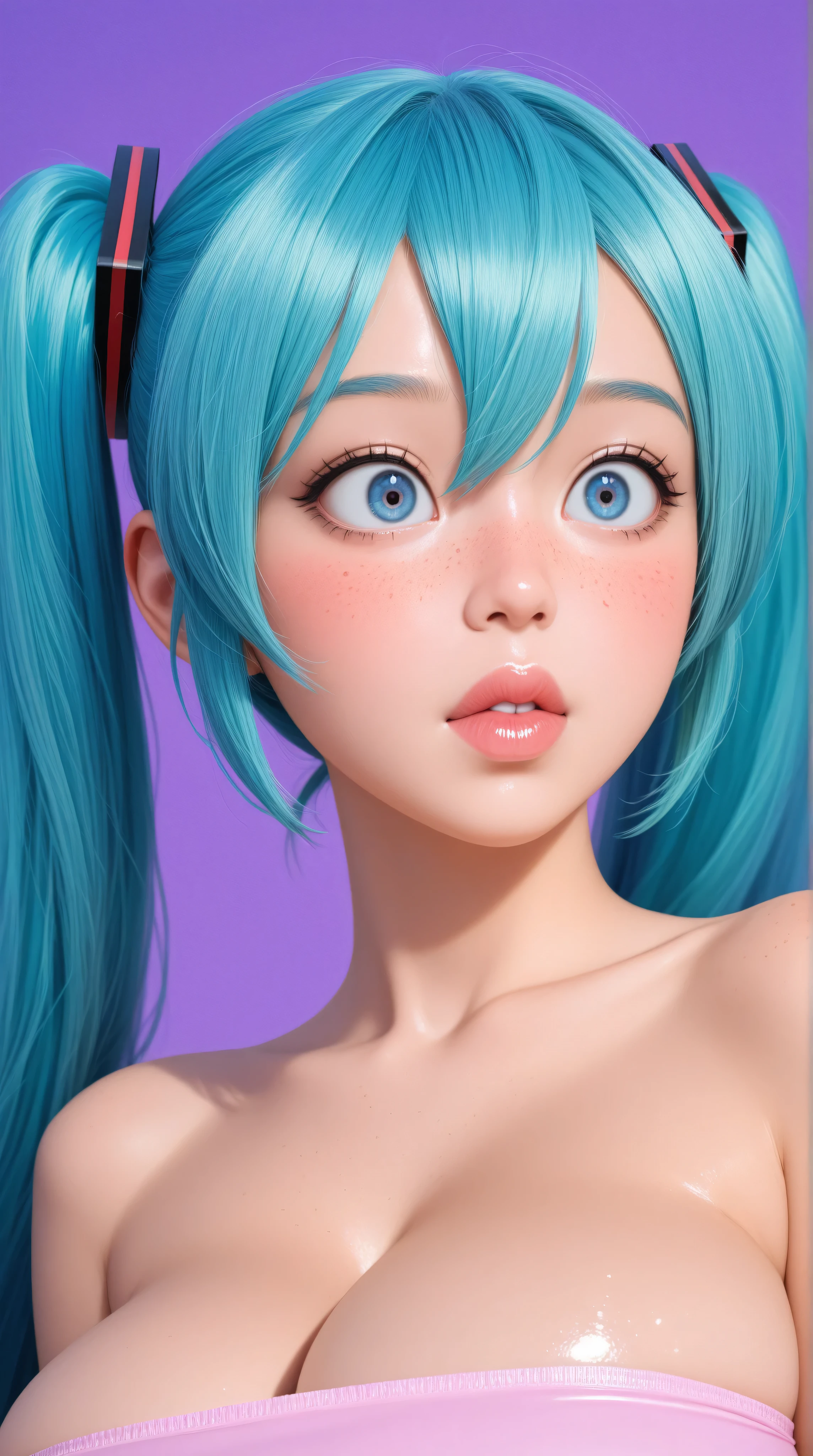 (masterpiece, highres, high resolution:1.2), anime 20 yo girl, hatsune miku from vocaloid, blue hair, blue eyes, portrait, shoulders up, illustration. drawn, blushing, solo, surprised, freckles, big lips, huge breasts, perfect body, wearing a tube top, no hands. Kizi girl,Highly detailed, Amazing work,Vitreous luster,((clean backdrop)),In pink,(((blue colors))),purple color,red colour,Best quality at best,clean backdrop, shiny skin, very young asian girl, petite, slender, sexy, heavy blushing, submissive, plain background, blue background, red background, purple background, huge breasts, retro pinup girl style,