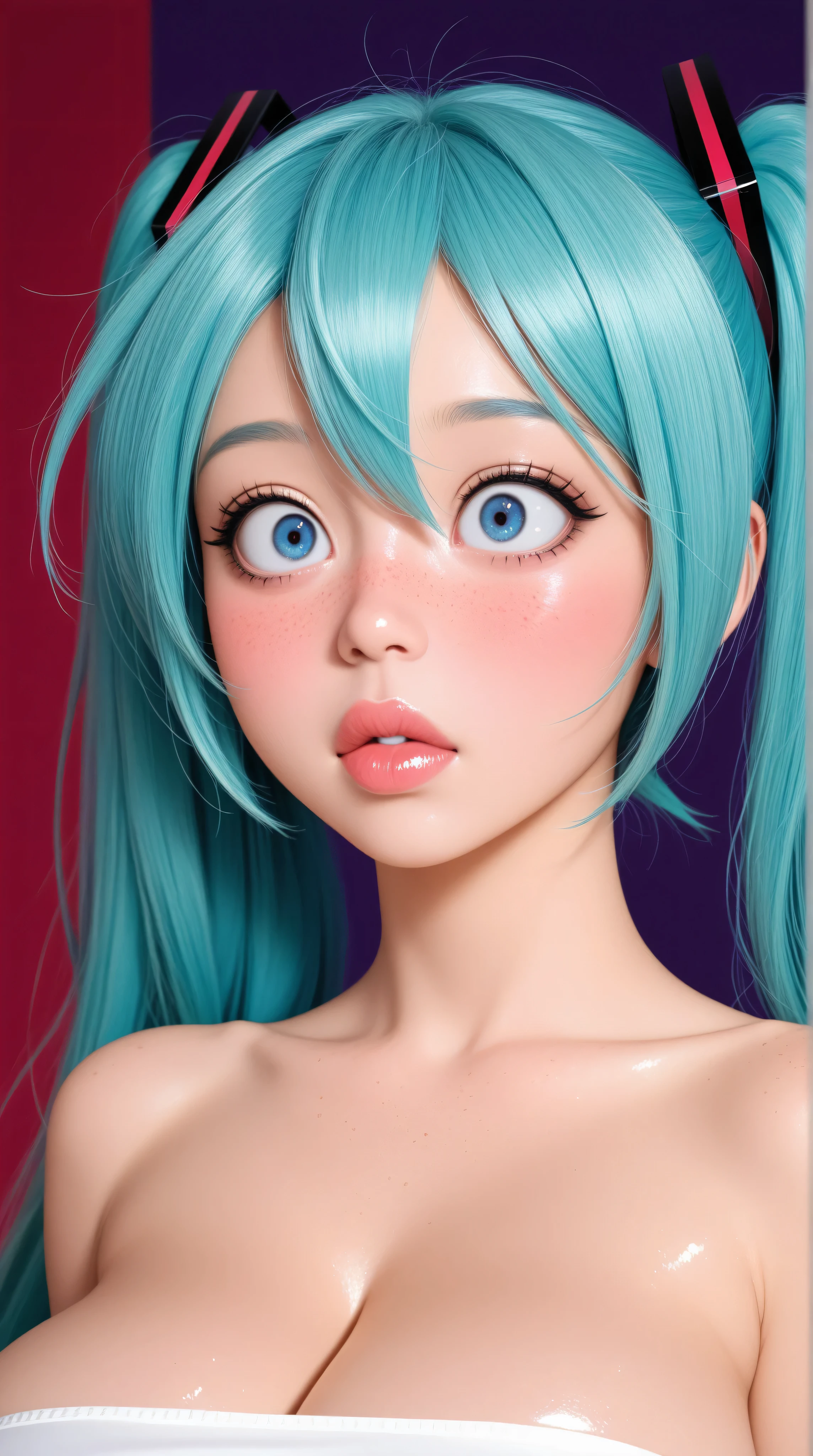 anime 20 yo girl, hatsune miku from vocaloid, blue hair, blue eyes, portrait, shoulders up, illustration. drawn, blushing, solo, surprised, freckles, big lips, huge breasts, perfect body, wearing a tube top, no hands. Kizi girl,Highly detailed, Amazing work,Vitreous luster,((clean backdrop)),In pink,(((blue colors))),purple color,red colour,Best quality at best,clean backdrop, shiny skin, very young asian girl, petite, slender, sexy, heavy blushing, submissive, plain background, blue background, red background, purple background, huge breasts, retro pinup girl style,