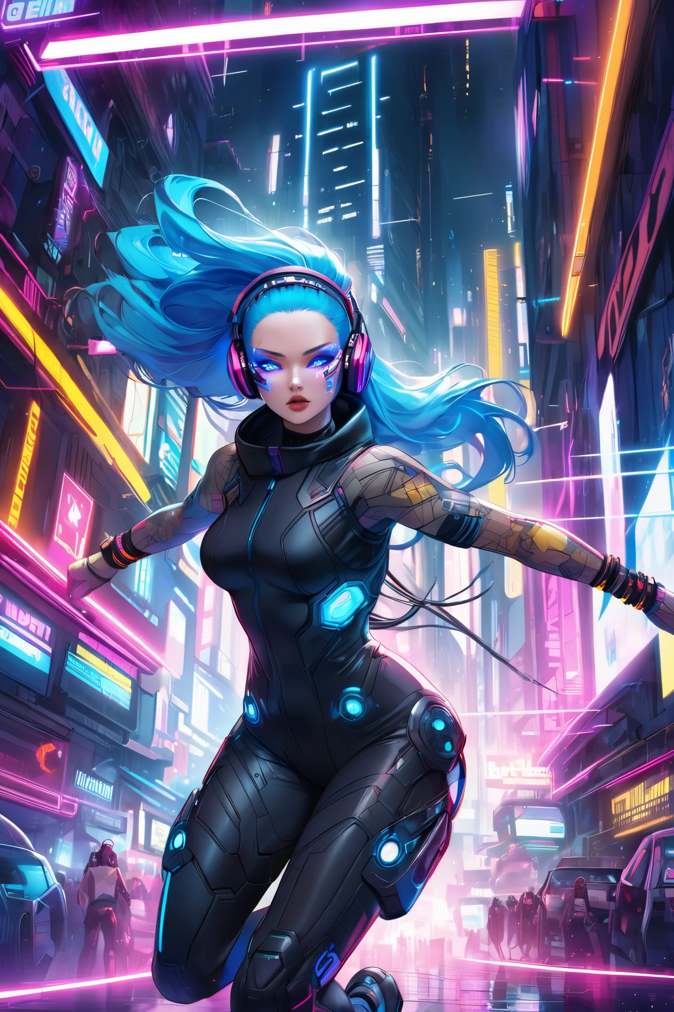 ((A Slavic-type girl in cyberpunk style with gorgeous blue long hair in motion, expressive face in a dynamic pose. With high detail.)) Futuristic makeup with sparkles, graphic elements or shining accents.(A tight multi-layered black jumpsuit that includes combinations of techno fabrics, cybernetic elements, inserts, pads and accessories) Headphones. Bracelets with LED lighting or technological patterns. Cybernetic skin implants, glowing tattoos, or visually noticeable modifications. bright and memorable appearance, in the cyberpunk style. The girl embodies independence and strength, surrounded by tall buildings with neon lights in the dark streets of the metropolis. High detail, 8k quality