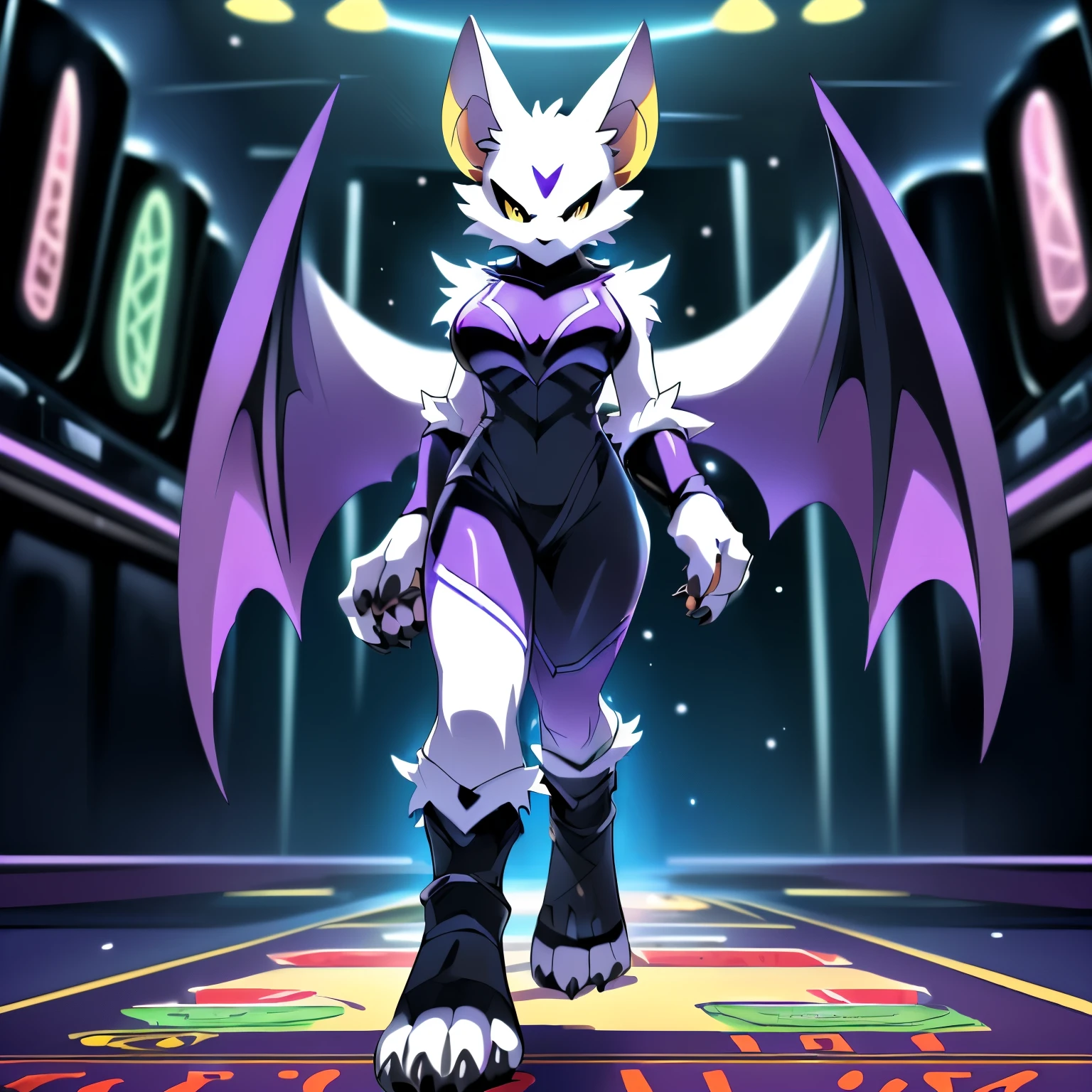 Anime, anime style, ((single person:2)), ((solo drawing:2)), ((solo:2)), ((three-quarter view)), ((Looking to the side)), ((female Anthro bat)), ((Tall figure)), ((buxom figure)), ((short white fur)), clawed hands, ((clawed paws)), ((Single Pair of Wings)), ((Huge Bat Wings)), ((Purple and black Bat Wings)), ((white bat ears)), ((wearing a dark intimidating outfit)), ((white face)), ((neutral expression)), vivid golden eyes, ((digitigrade legs)), ((digitigrade feet)), ((walking through a dark casino)), highly detailed anime style, clean lines, white face, short white muzzle, white furry cheeks, white furry muzzle, ((white foot paws)), ((foot paws with four toes)), ((Claws on paws))