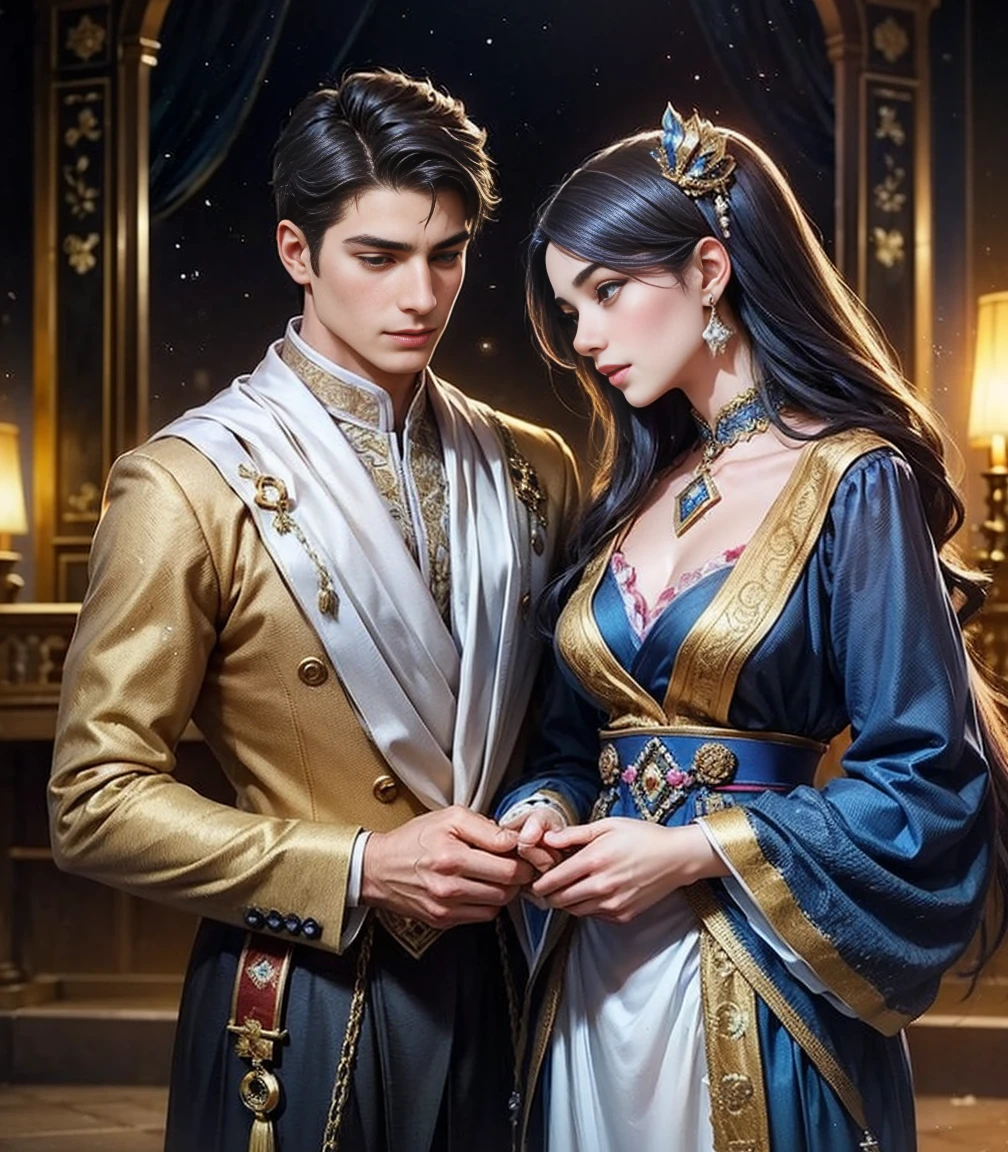 A beautiful 18-year-old woman wearing gorgeous navy blue dress, and a beautiful hijab , holding  (19 year old Pakistani boy's ) my hand in fear, Eye mascara, eye shadow, Long eyelashes, Large Breasts, Stand in the palace, Upper Body, Front view, Big Plans, Pubic hair is visible and she's holding my hand, looking in my eyes and she's the cutest girl in world