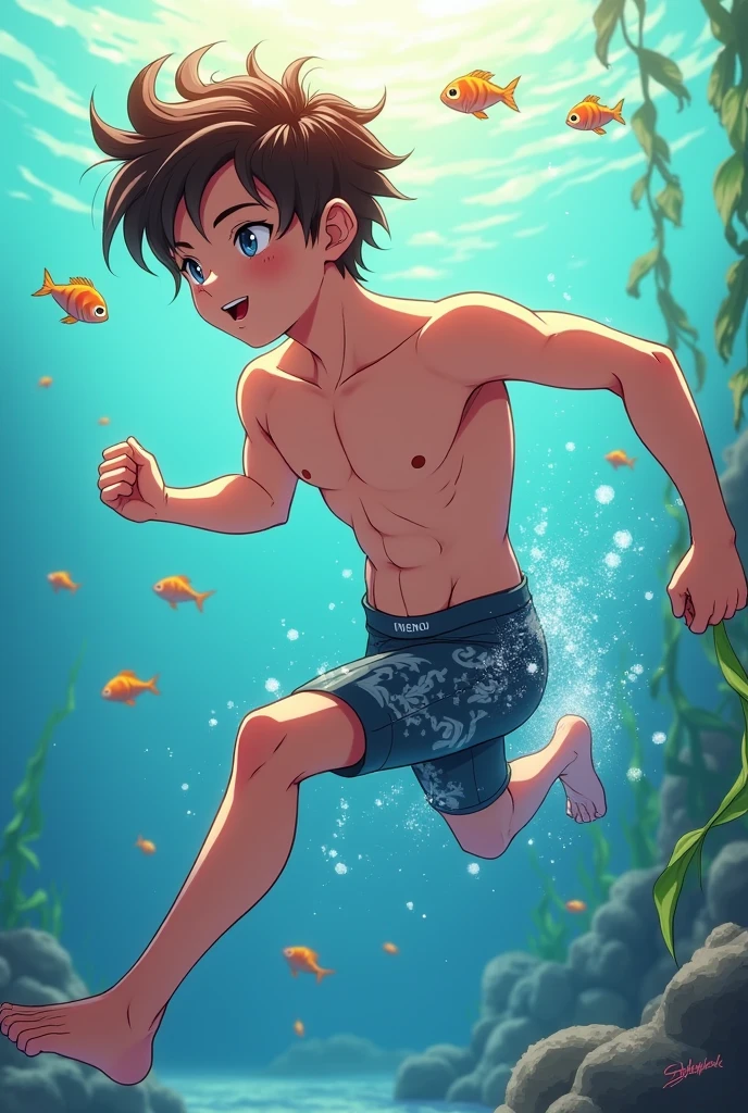 young teenage boy, athletic body, innocent face, wearing a light blue speedo swimsuit, tight-fitting, open legs, blue eyes, black hair, bare chest, belly hair, young age, open eyes, boy having fun standing, with baby children ,cars innocent, very young age, in the pool, babies watching closely, everyone happy, 4k image