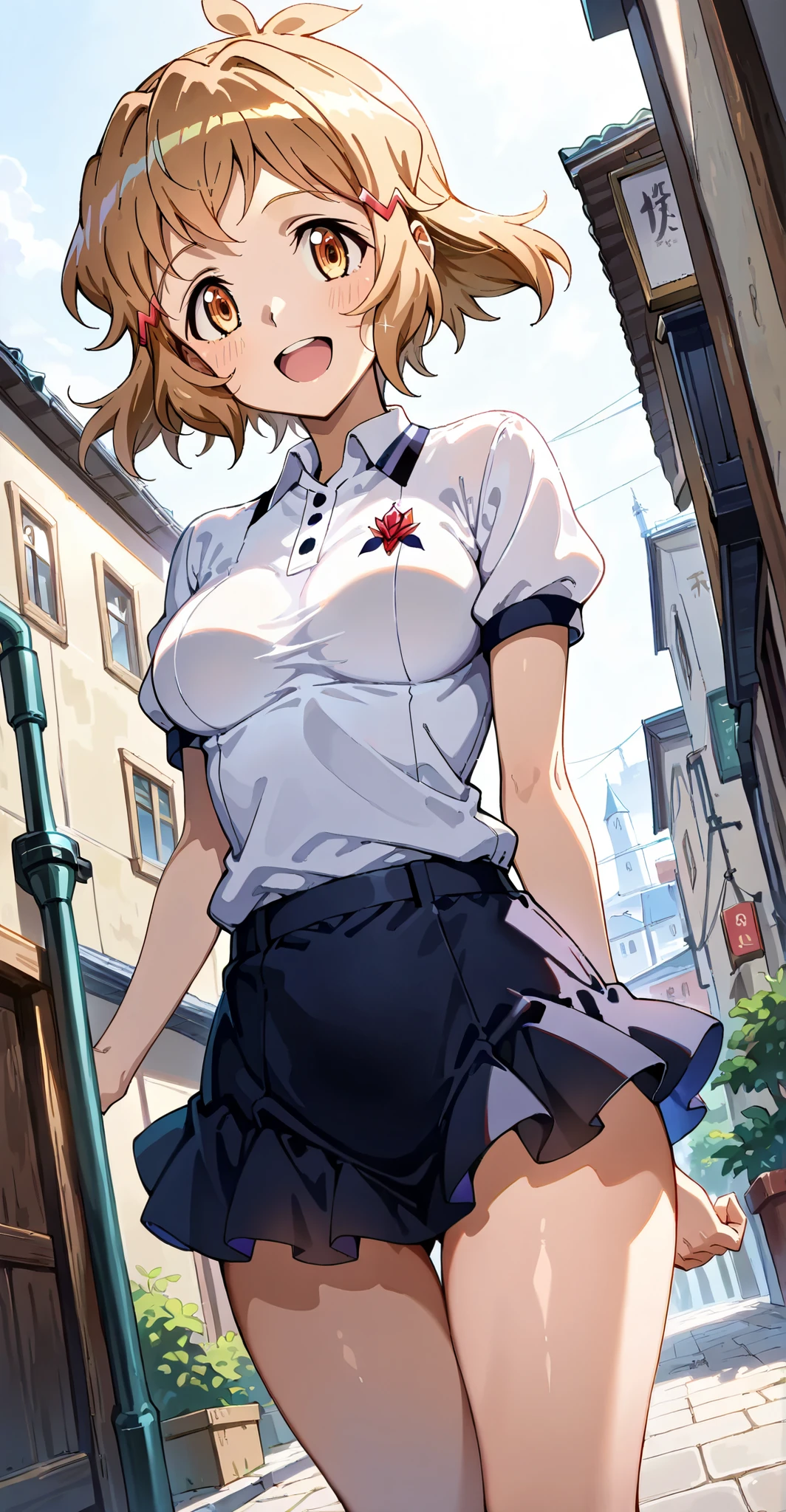 high resolution picture, masterpiece, best quality, amaging quality,1 Girl, tachibana hibiki(senki zesshou symphogear)、short hair、 tight White polo shirt、tight mini skirt 、 thighs，medium breasts、town、street、happy，ducth angle，
